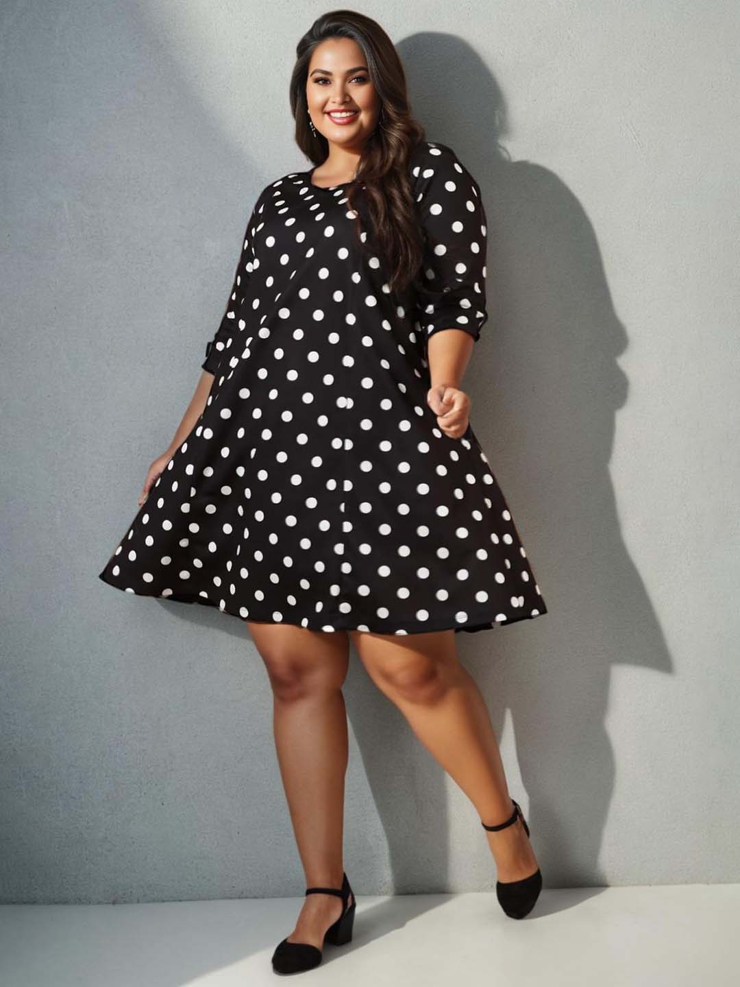 

Amydus Plus Size Polka Dots Printed A-Line Dress, Black