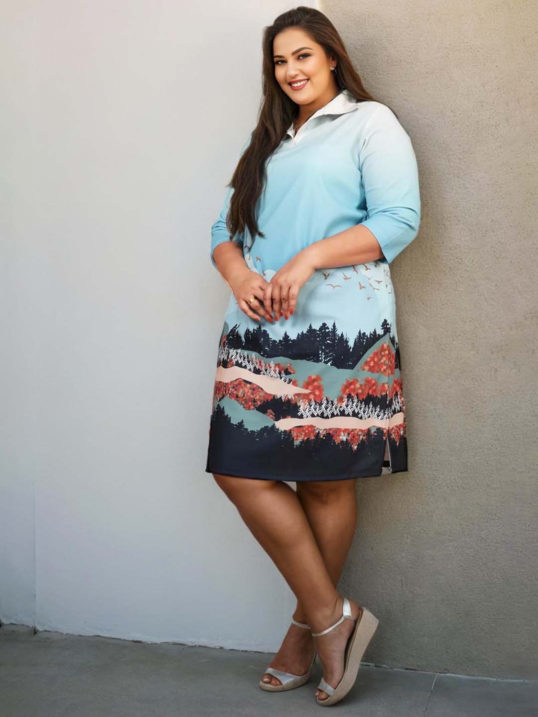 

Amydus Plus Size Conversational Printed T-Shirt Dress, Blue