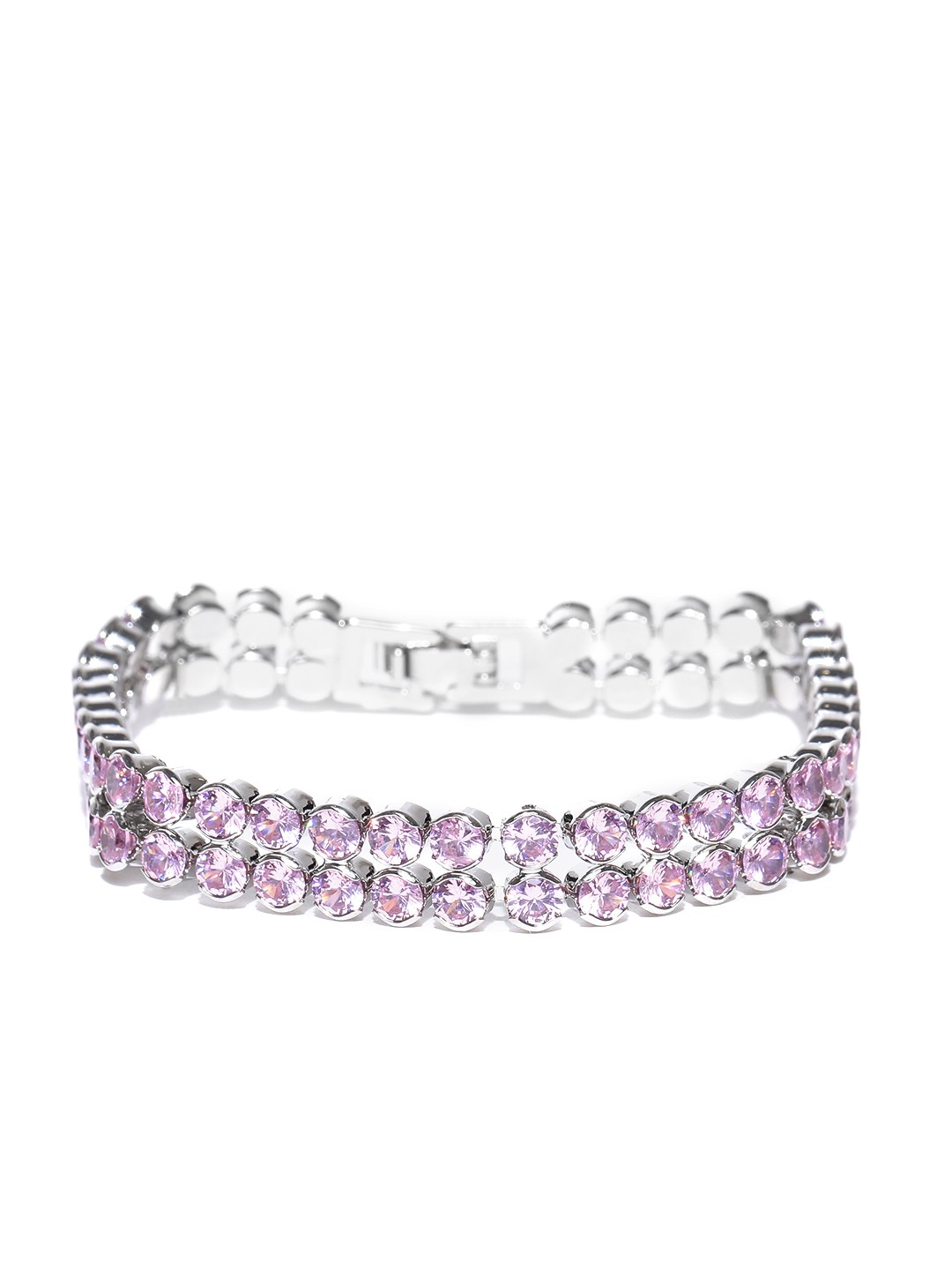 

Jewels Galaxy Silver-Toned & Pink Stone-Studded Rhodium-Plated Handcrafted Link Bracelet