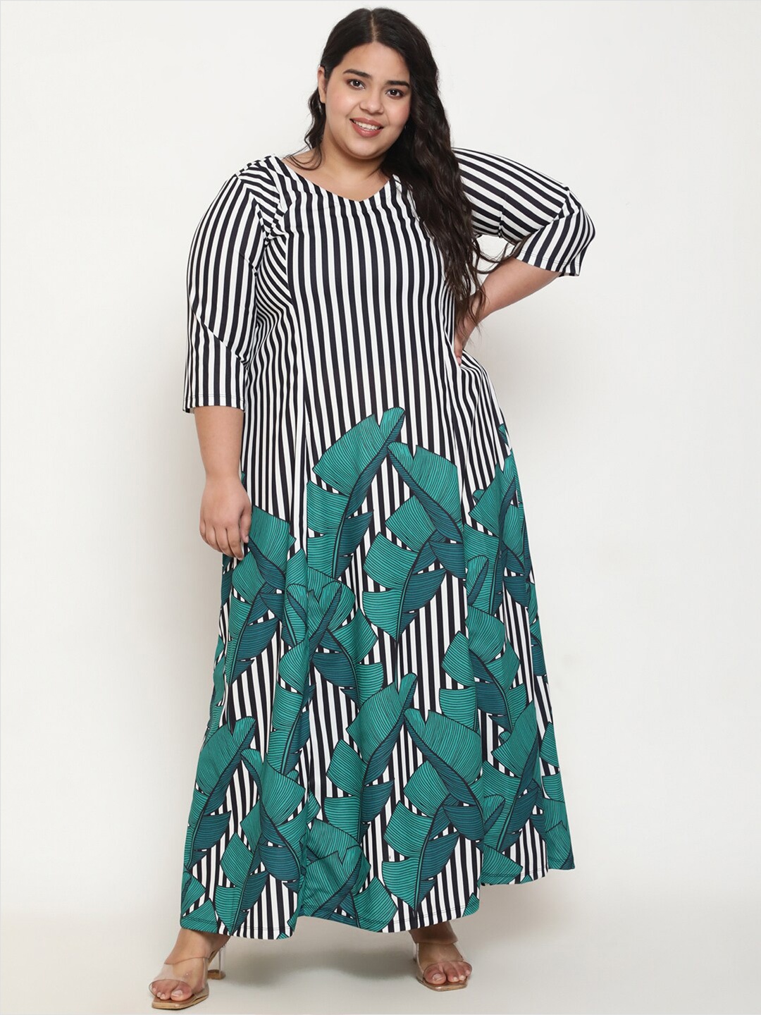 

Amydus Plus Size Tropical Printed A-Line Maxi Dress, Green