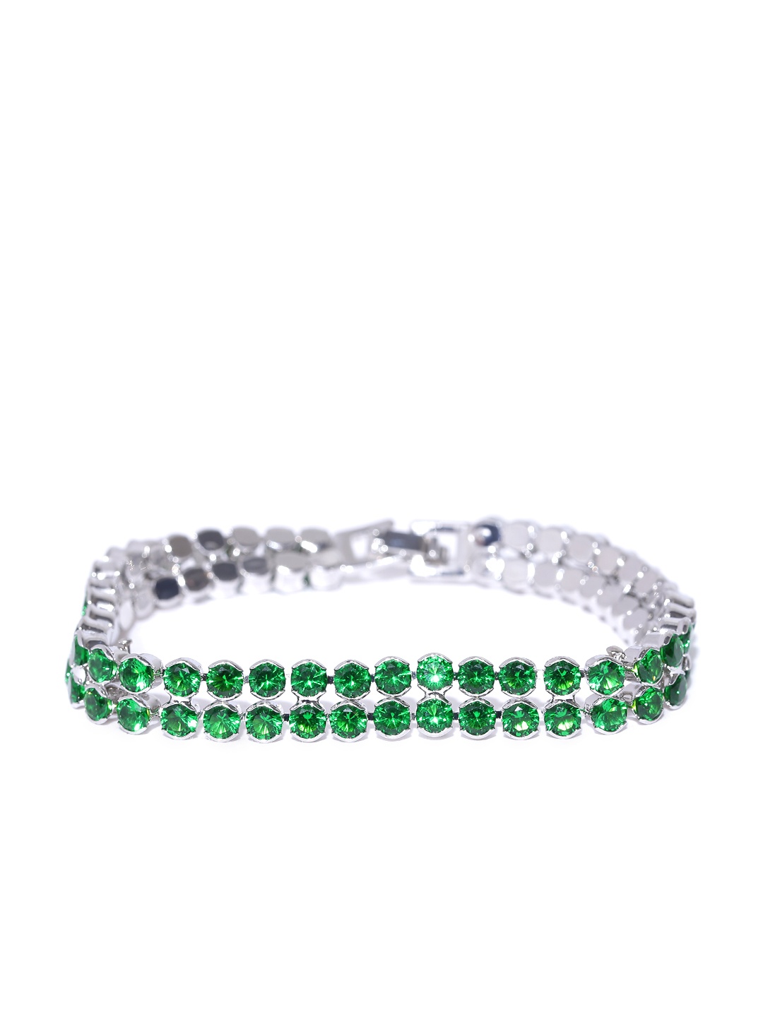 

Jewels Galaxy Green Rhodium-Plated Stone-Studded Handcrafted Link Bracelet, Silver
