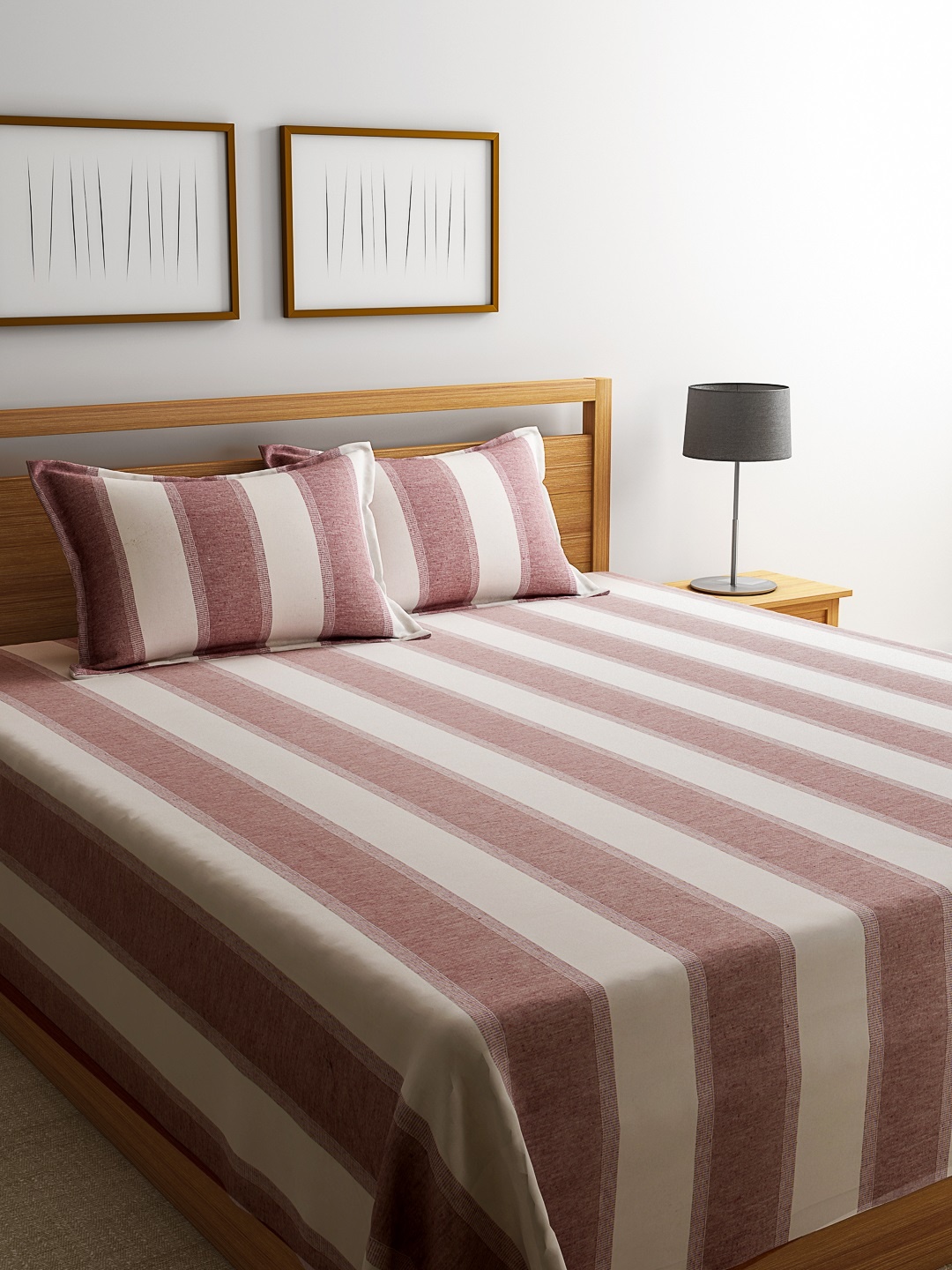 

ROMEE Cream & Mauve Cotton Striped Double Bed Cover
