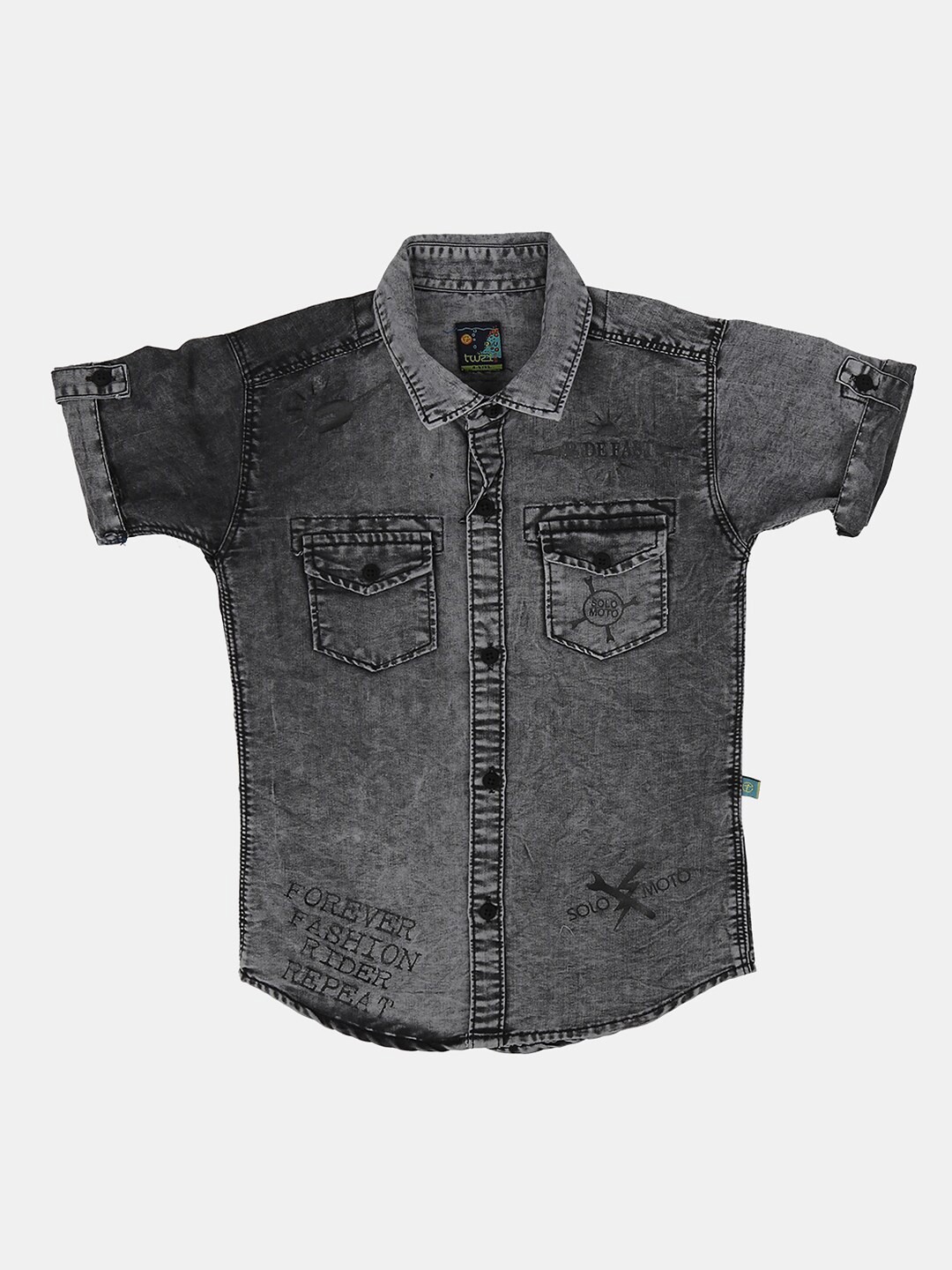 

V-Mart Boys Printed Denim Spread Collar Casual Shirt, Black
