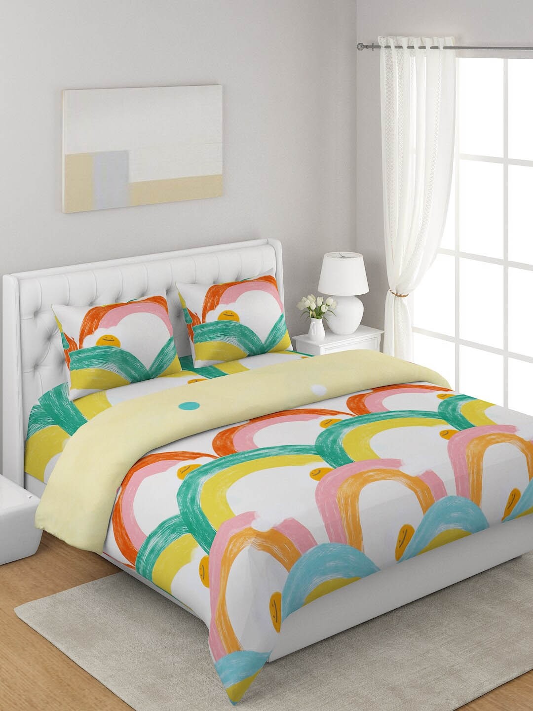 

A Homes Grace Yellow & White 4-Pcs Printed Double Queen Bedding Set