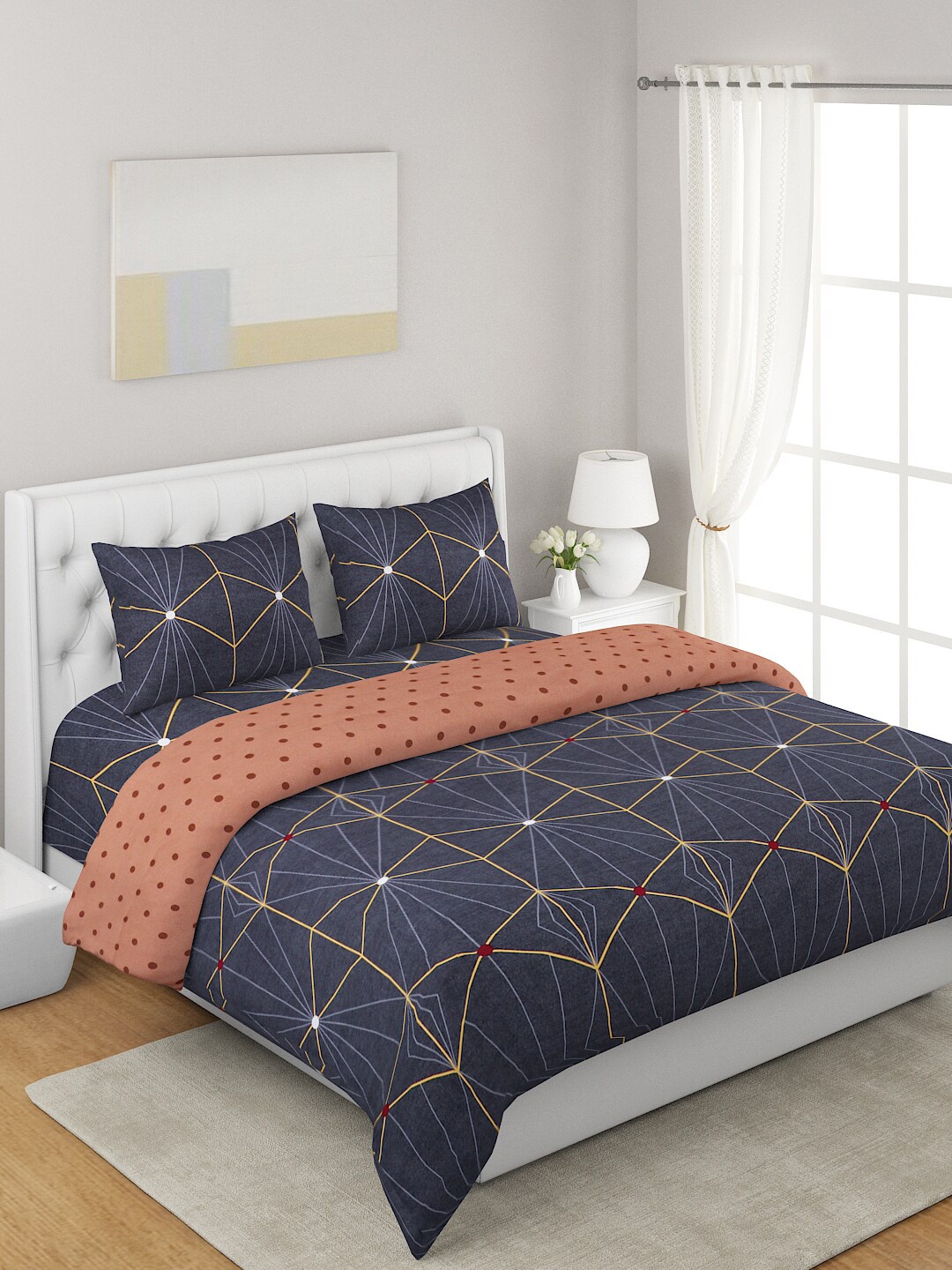 

A Homes Grace Brown & Navy Blue 4-Pcs Printed Double Queen Bedding Set