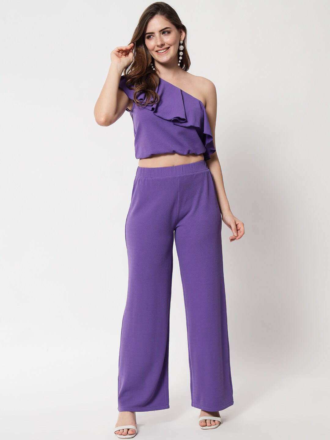 

Kotty One Shoulder Ruffles Details Top & Trouser Co-Ords Set, Purple