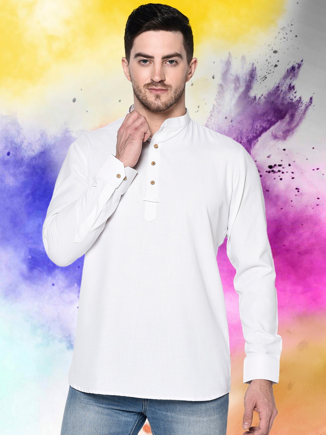 

TABARD Long Sleeves Mandarin Collar Pure Cotton Short Kurta, White