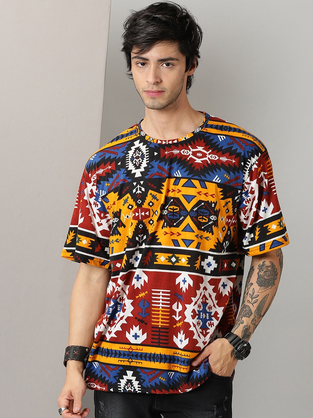 

Rodzen Aztec Printed Round Neck Oversize Fit T-shirt, Yellow