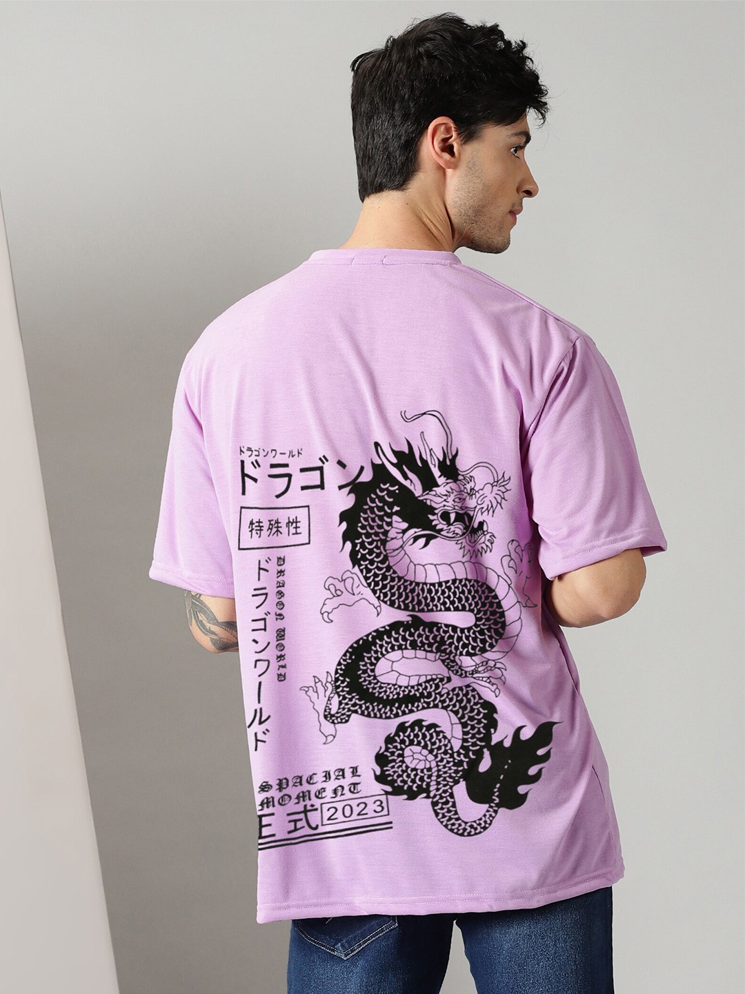 

Rodzen Graphic Printed Drop-Shoulder Pure Cotton Oversize Fit T-shirt, Lavender