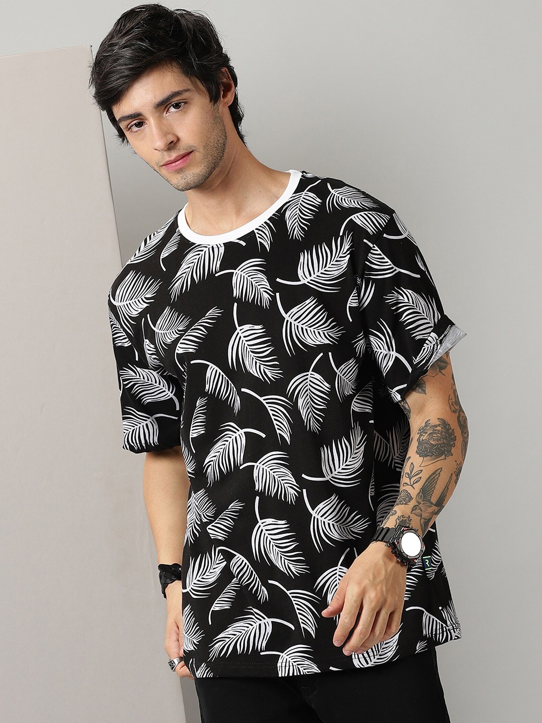 

Rodzen Tropical Printed Drop-Shoulder Pure Cotton Loose Fit T-shirt, Black
