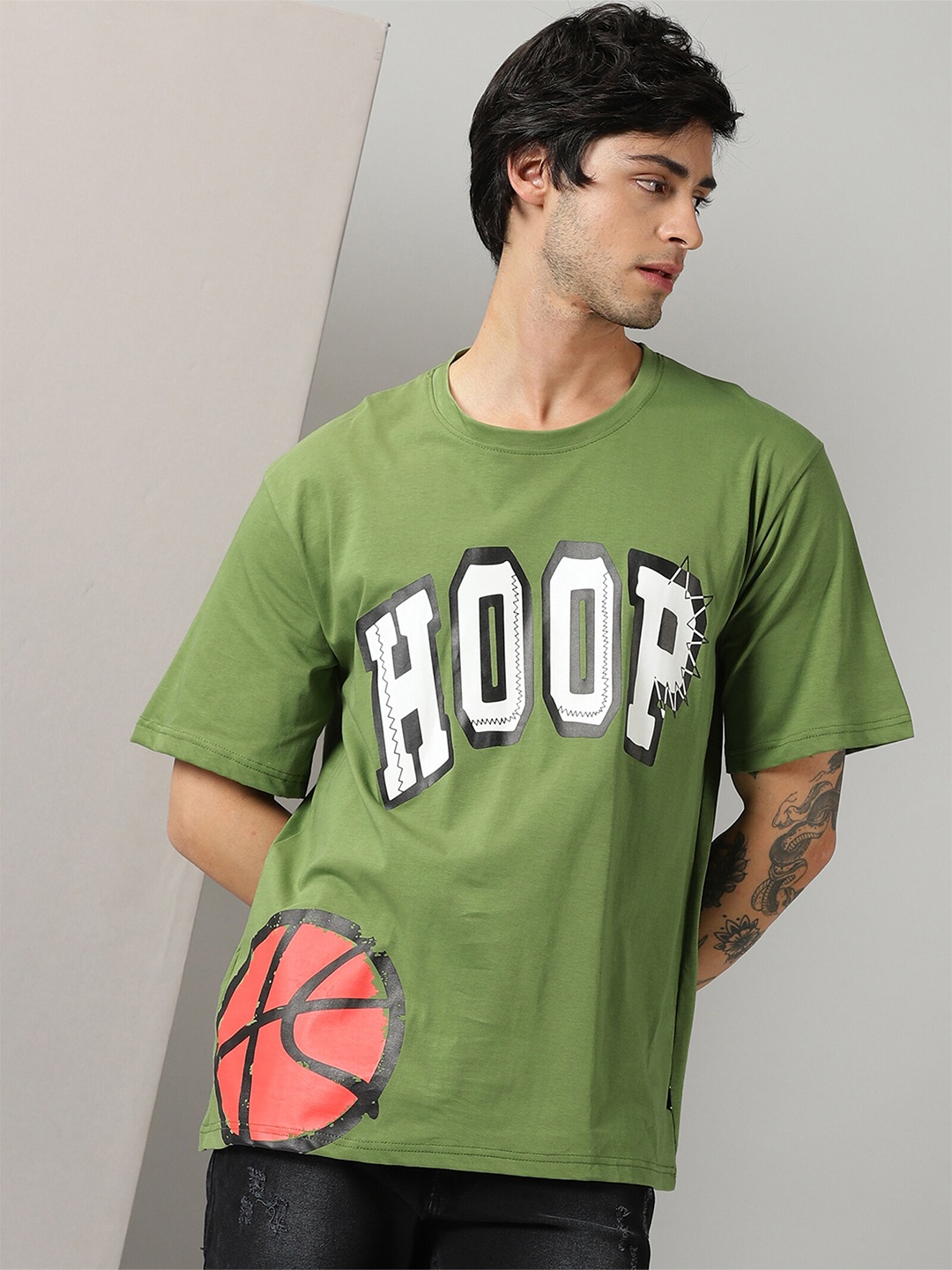 

Rodzen Typography Printed Pure Cotton Oversize Fit T-shirt, Green