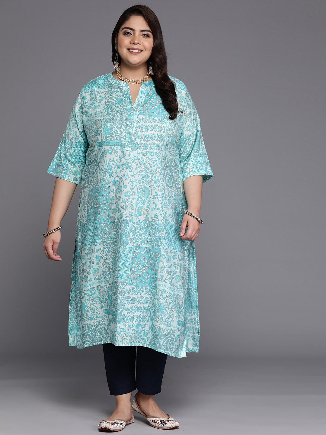 

EXTRA LOVE BY LIBAS Plus Size Floral Printed Kurta, Blue