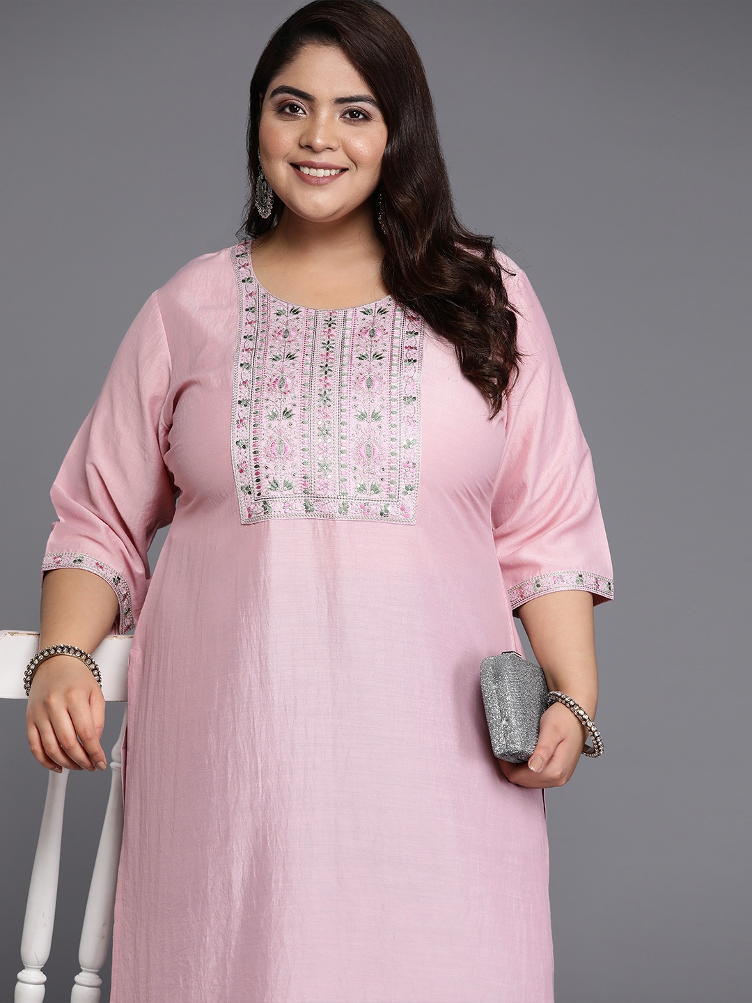 

EXTRA LOVE BY LIBAS Plus Size Floral Yoke Design Sequinned Pastels Kurta, Pink