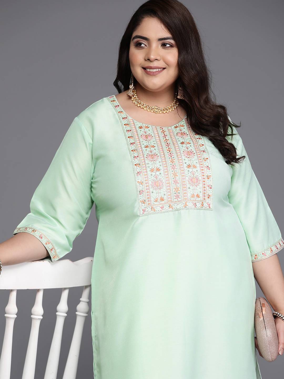 

EXTRA LOVE BY LIBAS Plus Size Floral Yoke Design Pastels Kurta, Green