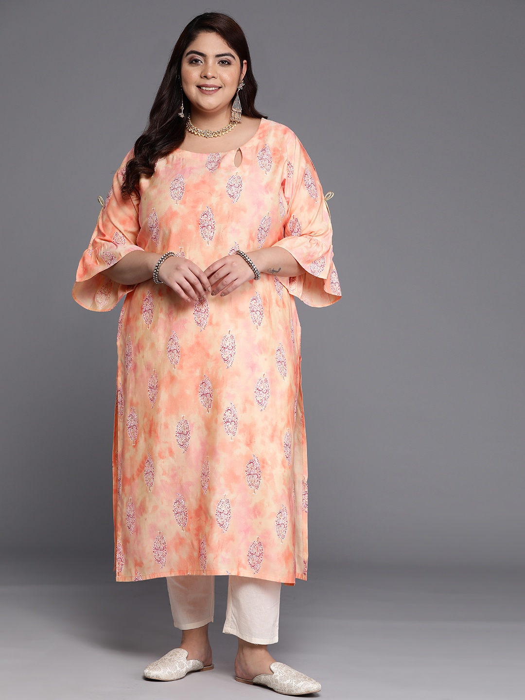 

EXTRA LOVE BY LIBAS Plus Size Floral Printed Keyhole Neck Bell Sleeves Pastels Kurta, Peach