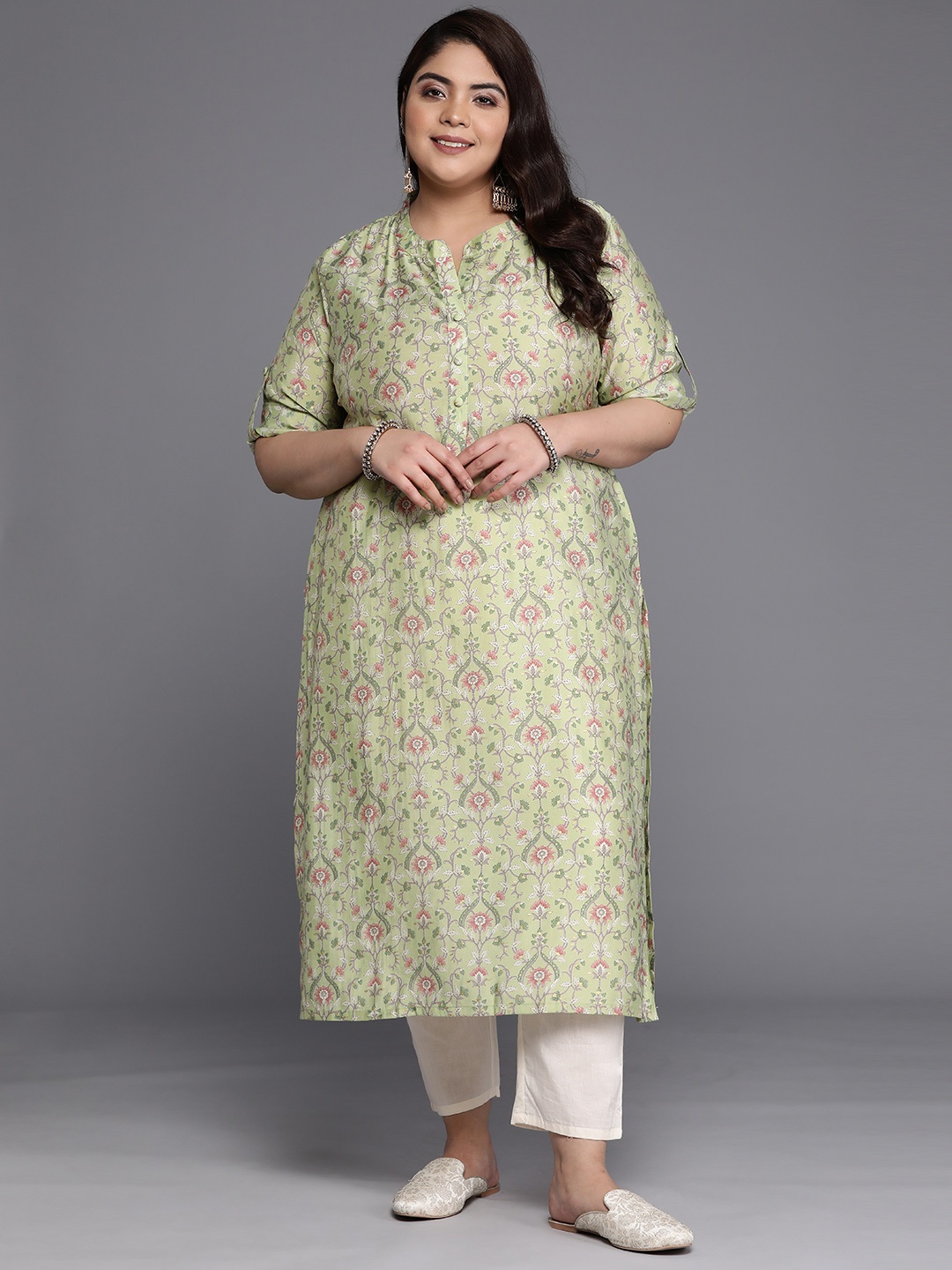 

EXTRA LOVE BY LIBAS Plus Size Floral Printed Kurta, Green