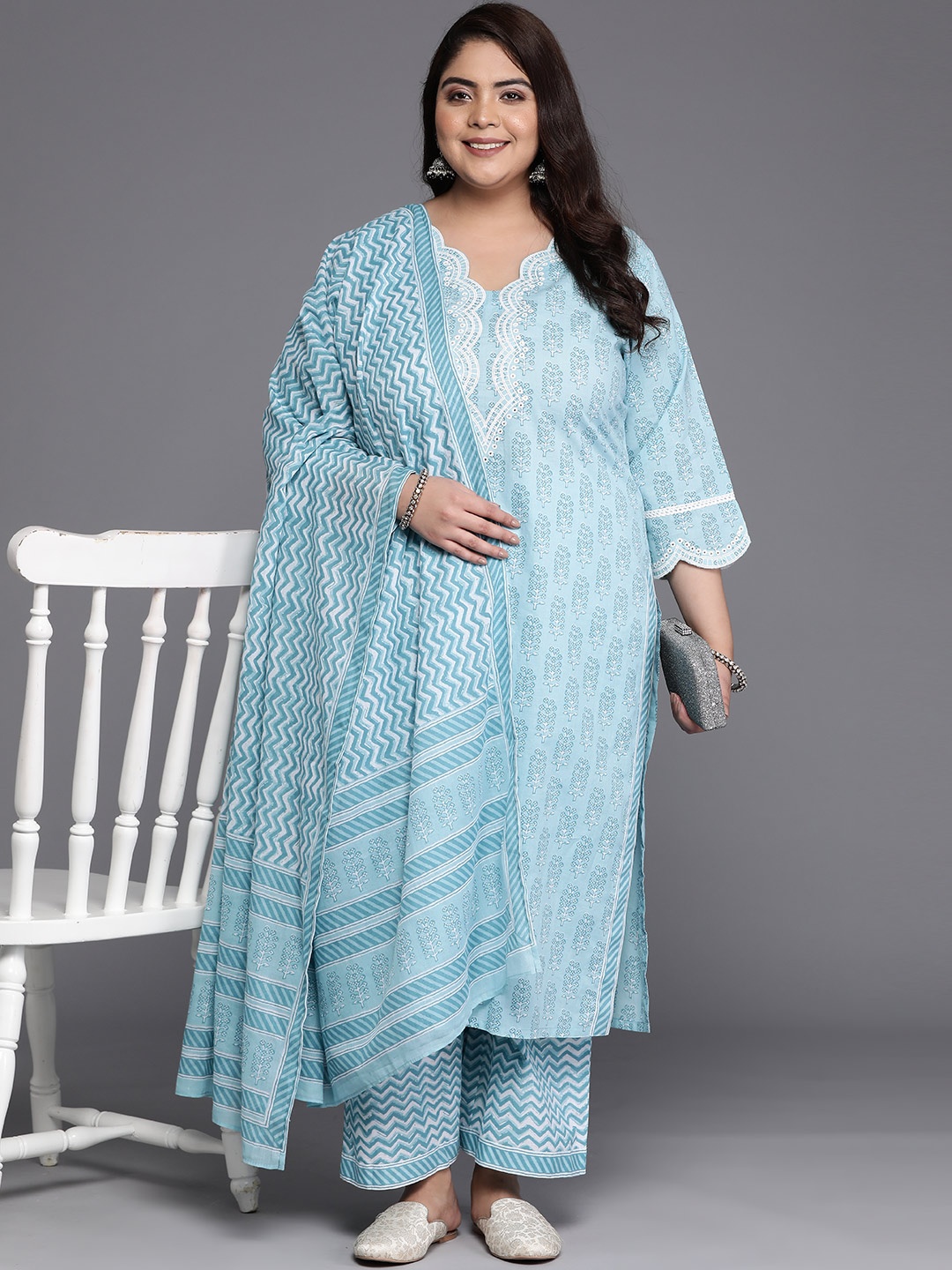 

EXTRA LOVE BY LIBAS Plus Size Embroidered Pure Cotton Kurta With Trousers & With Dupatta, Blue