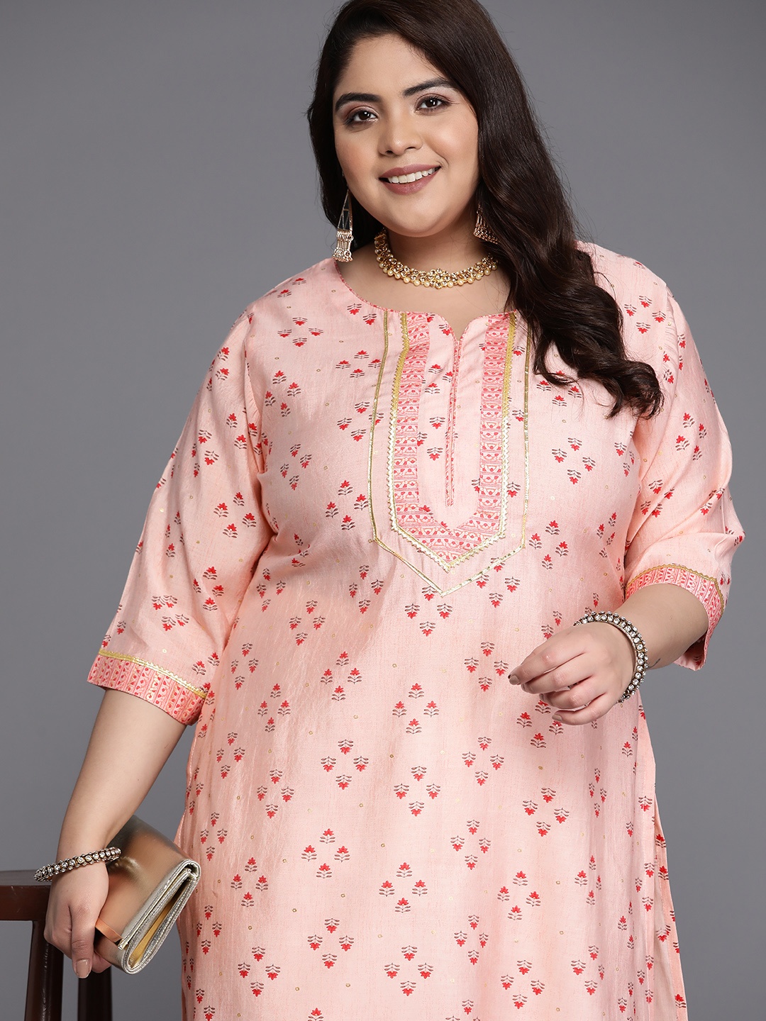 

EXTRA LOVE BY LIBAS Plus Size Floral Printed Gotta Patti Pastels Kurta, Peach