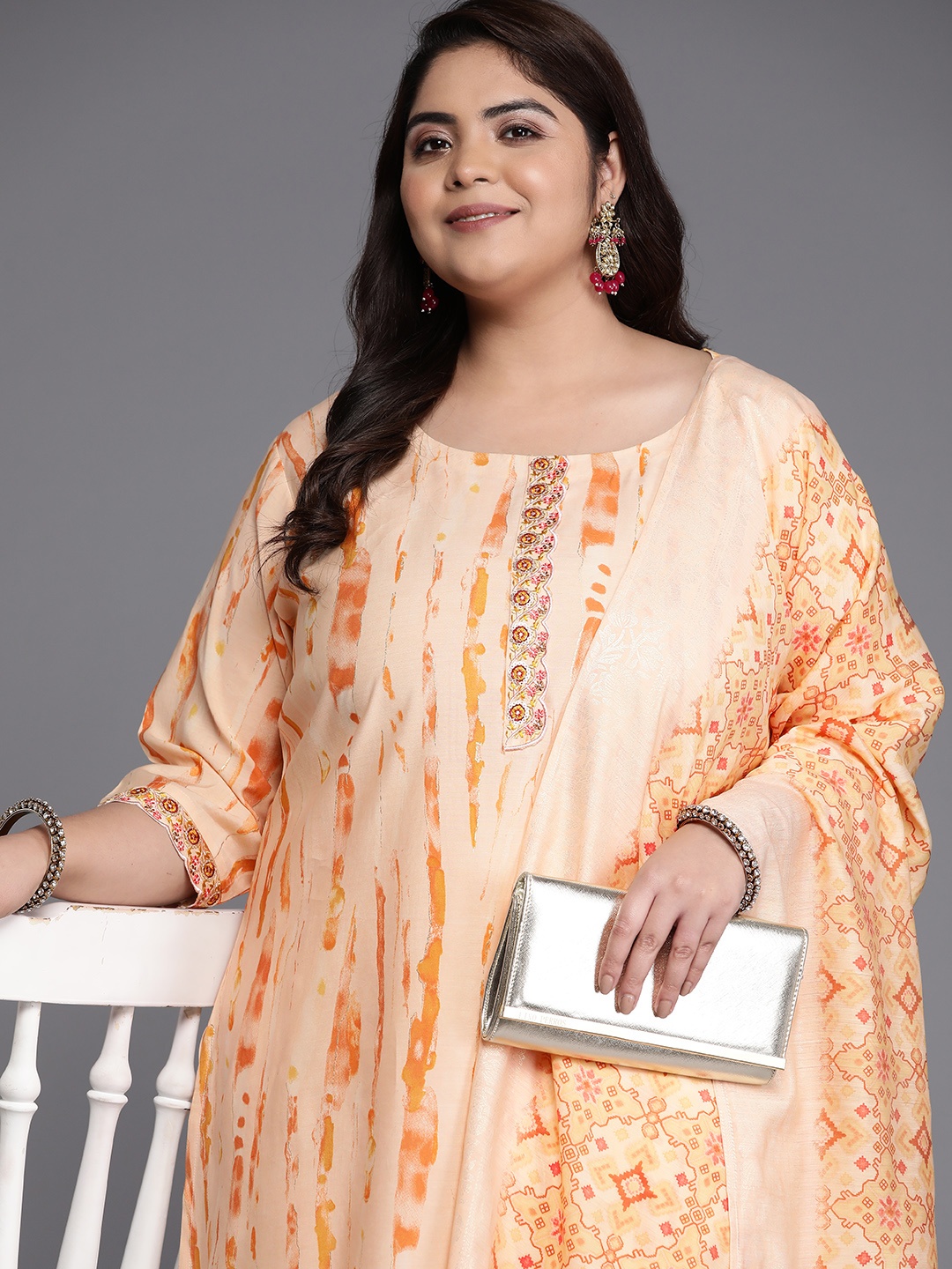 

EXTRA LOVE BY LIBAS Plus Size Printed Regular Sequinned Kurta with Trousers & With Dupatta, Orange