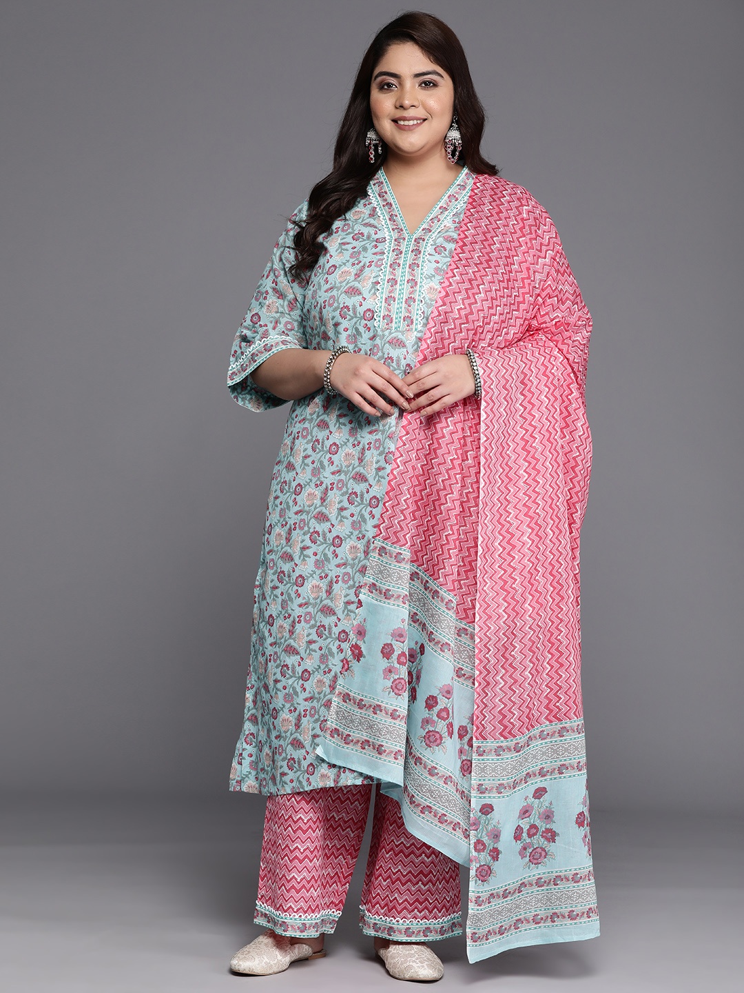

EXTRA LOVE BY LIBAS Plus Size Printed Pure Cotton Kurta With Trousers & With Dupatta, Blue