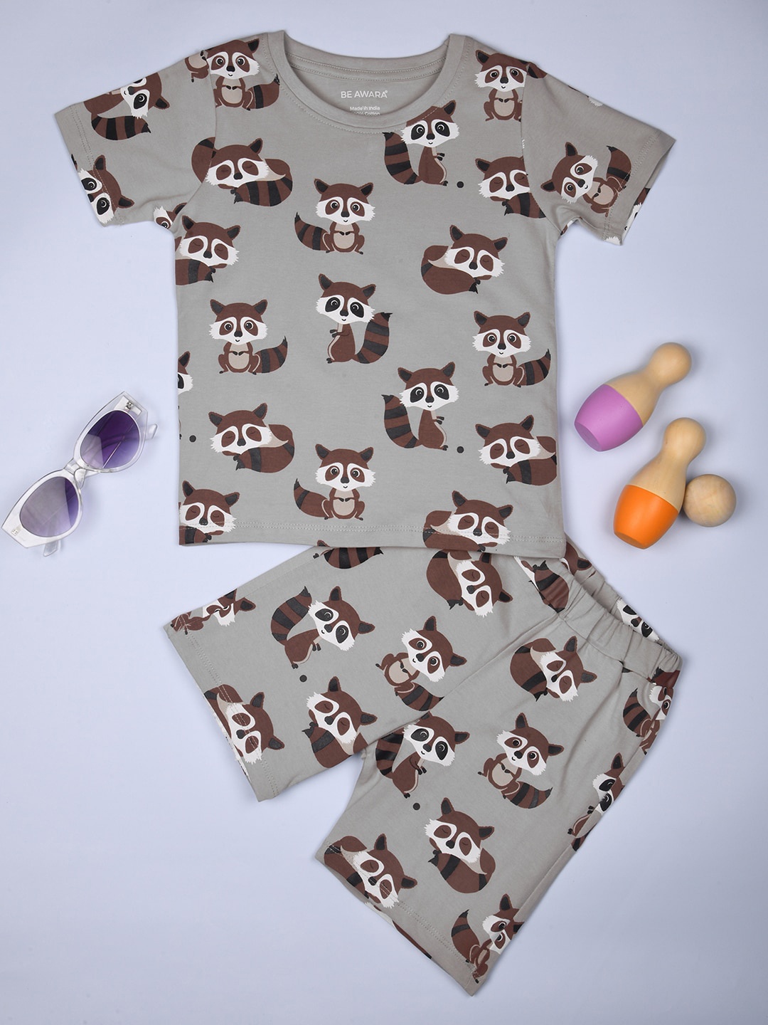 

BE AWARA Kids Conversational Printed Pure Cotton Clothing Set, Grey