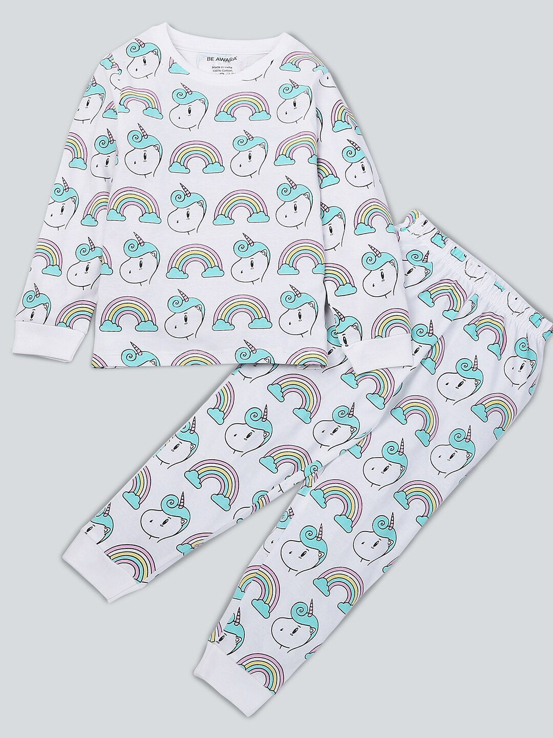 

BE AWARA Kids Conversational Printed Pure Cotton Clothing Set, White