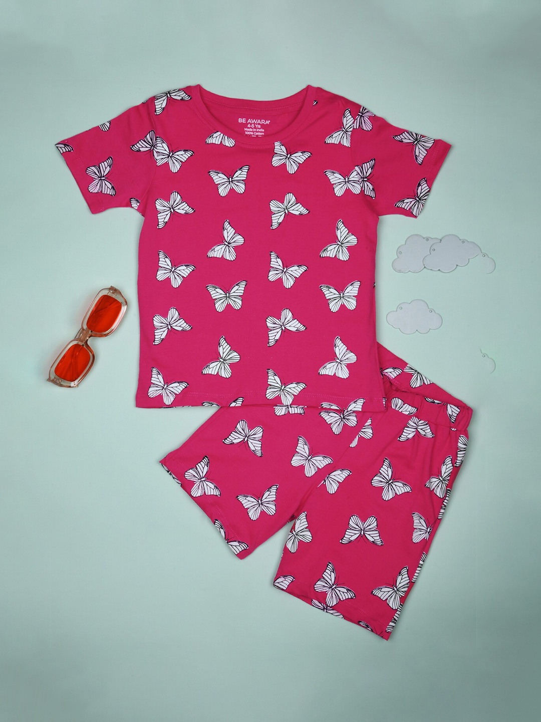 

BE AWARA Kids Conversational Printed Pure Cotton Clothing Set, Pink