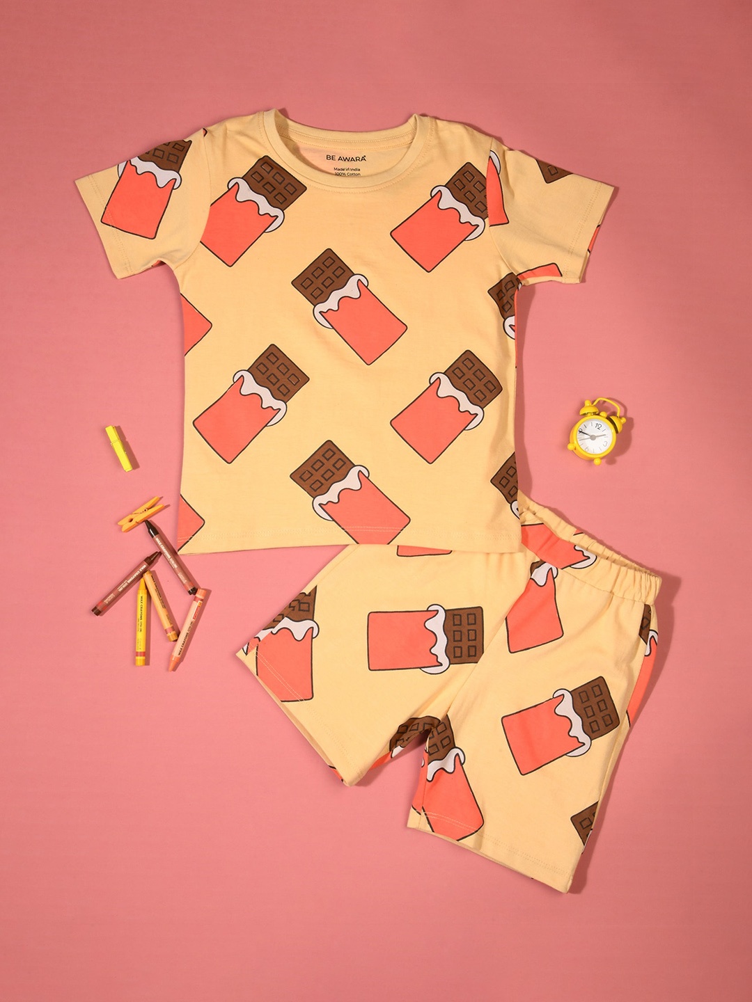 

BE AWARA Kids Conversational Printed Pure Cotton Night Suit, Peach