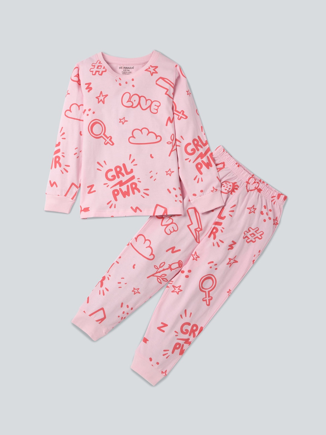 

BE AWARA Kids Conversational Printed Pure Cotton Clothing Set, Pink