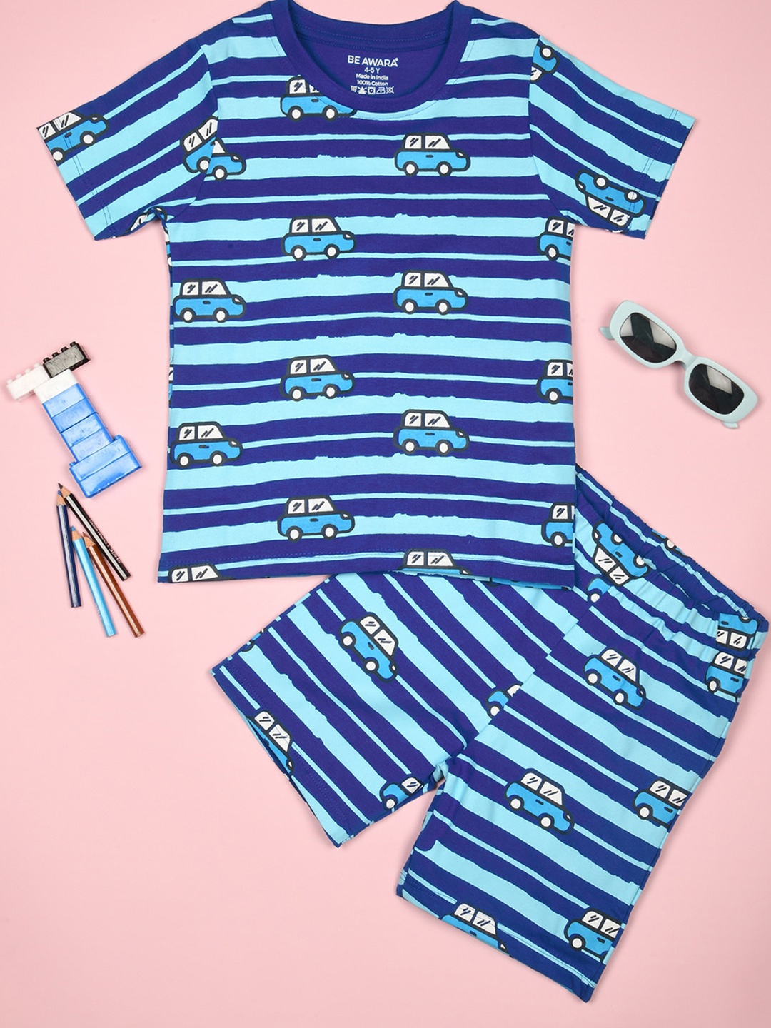 

BE AWARA Infants Striped Printed Pure Cotton Clothing Set, Blue