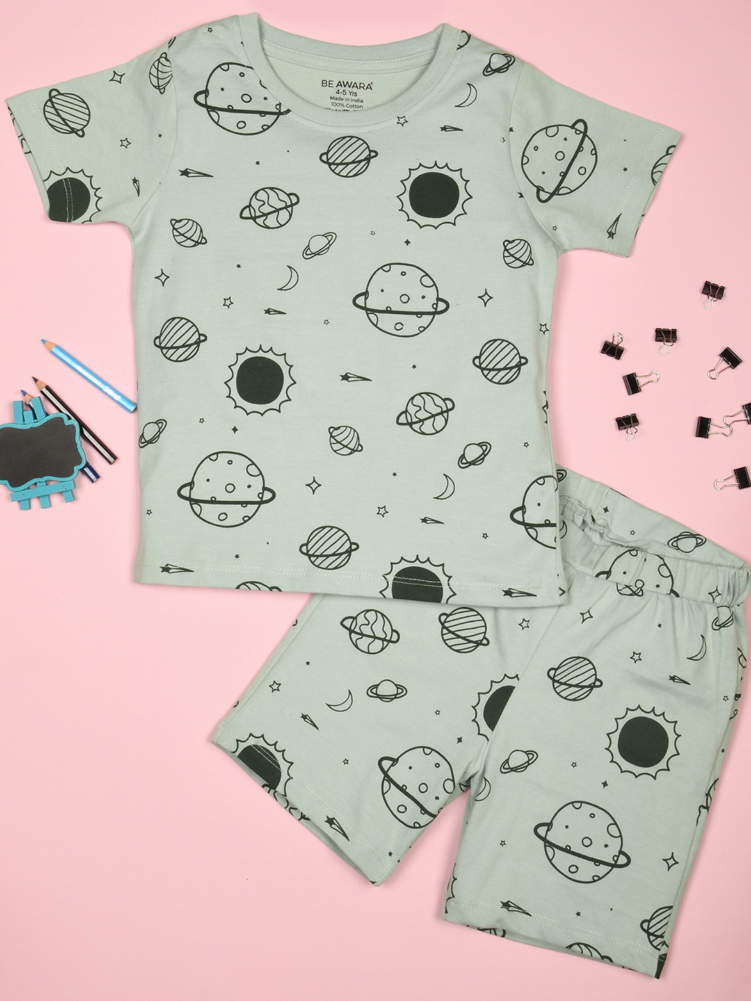 

BE AWARA Kids Conversational Printed Pure Cotton Clothing Set, Green