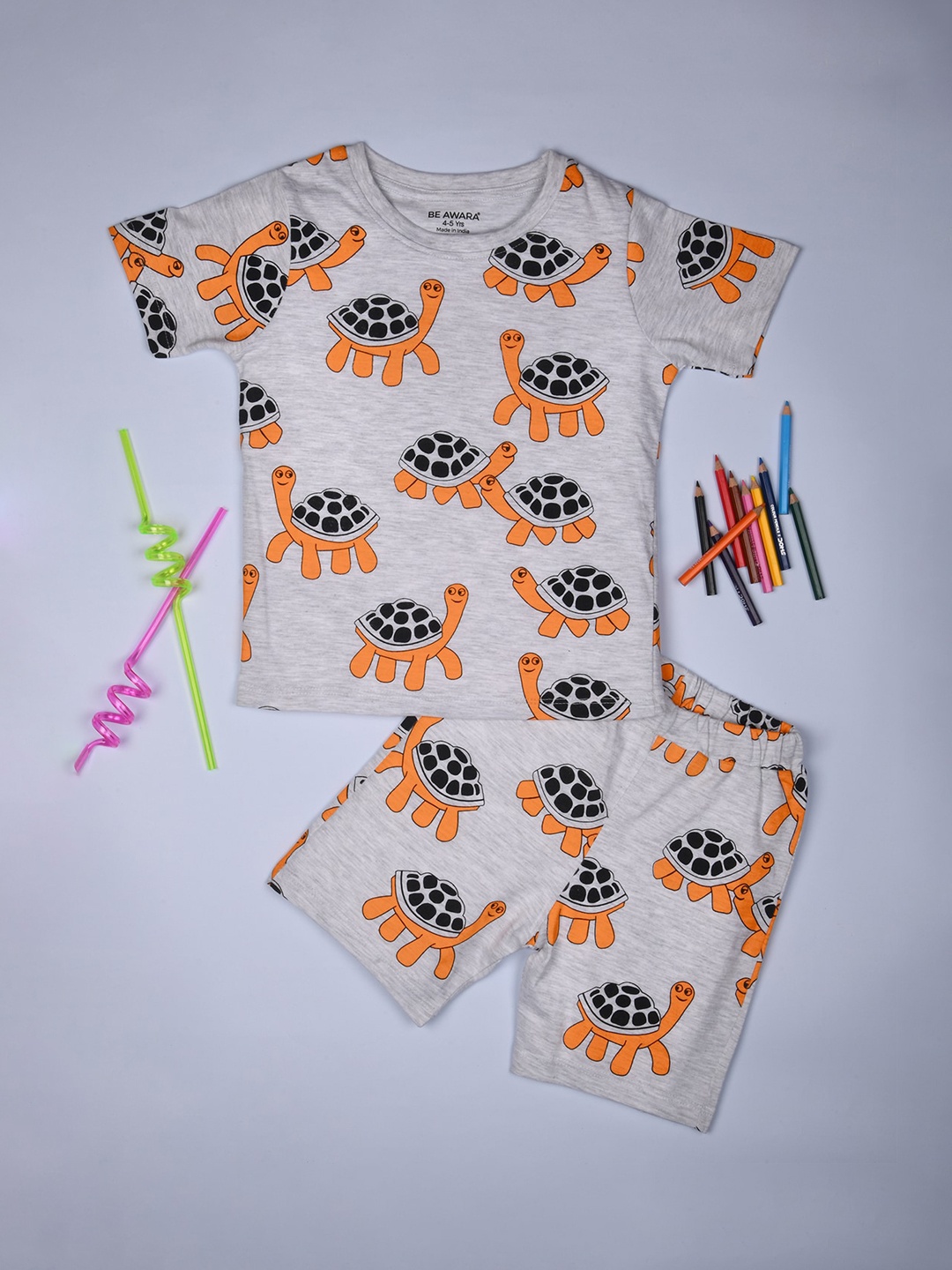 

BE AWARA Kids Graphic Printed Pure Cotton Clothing Set, Grey