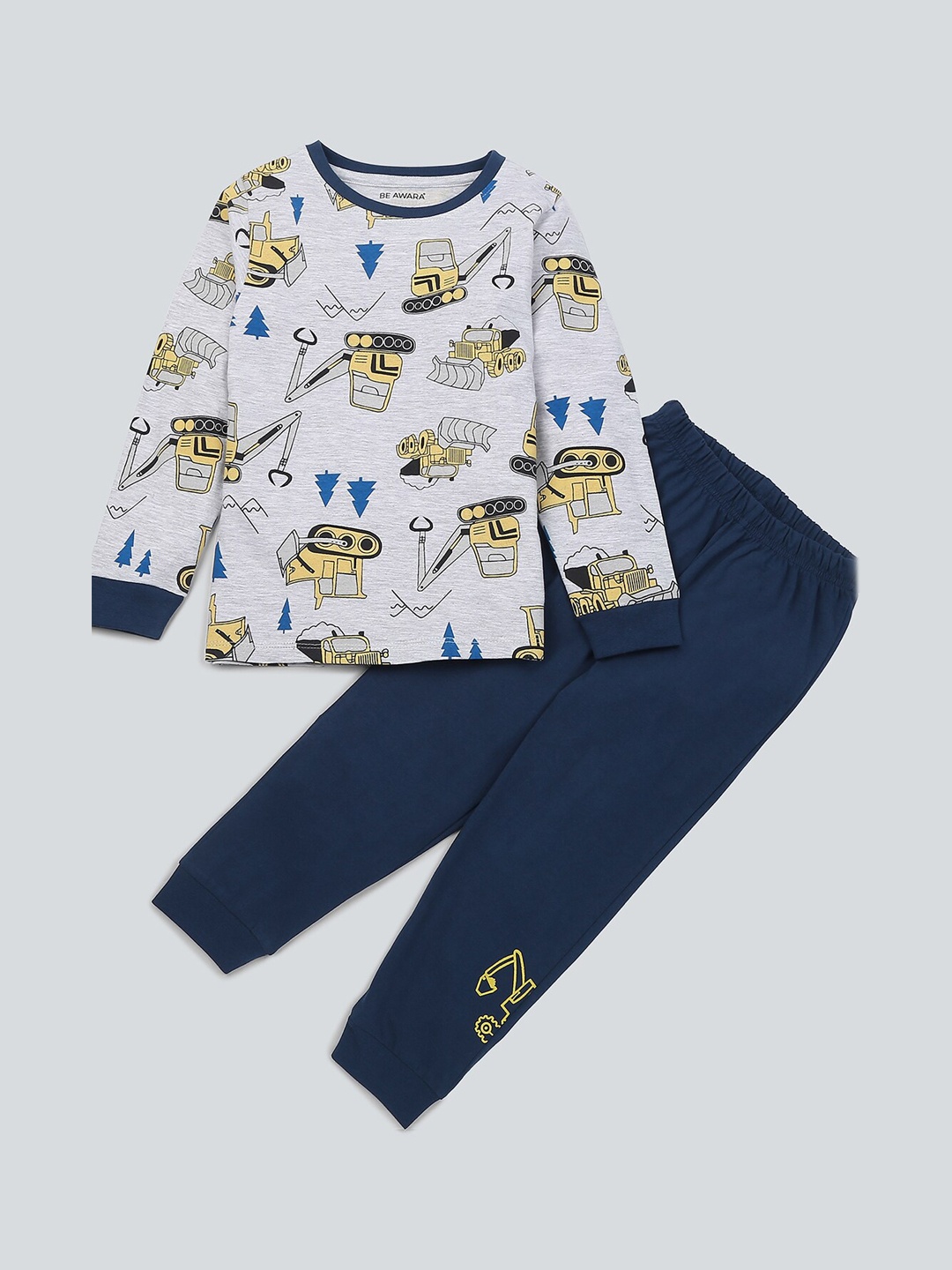 

BE AWARA Kids Conversational Printed Pure Cotton Night Suit, Grey