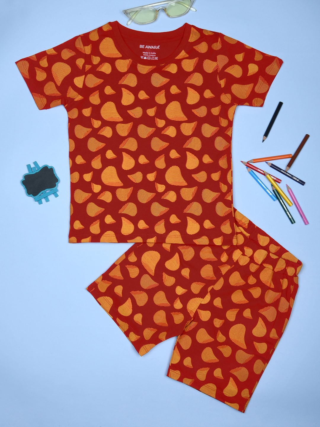 

BE AWARA Kids Conversational Printed Pure Cotton Clothing Set, Red