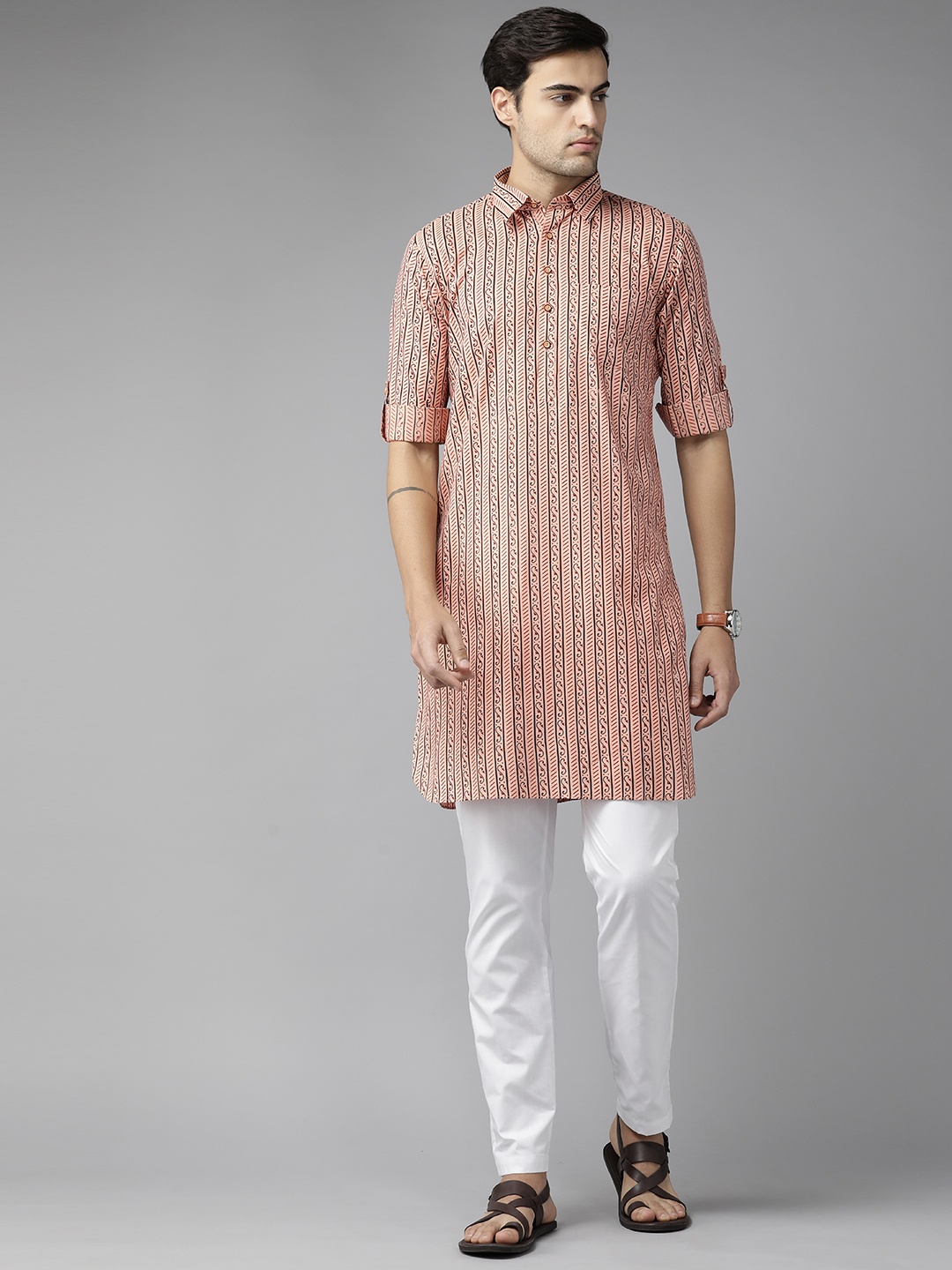 

See Designs Ethnic Motifs Striped Regular Pure Cotton Kurta With Pyjamas, Peach