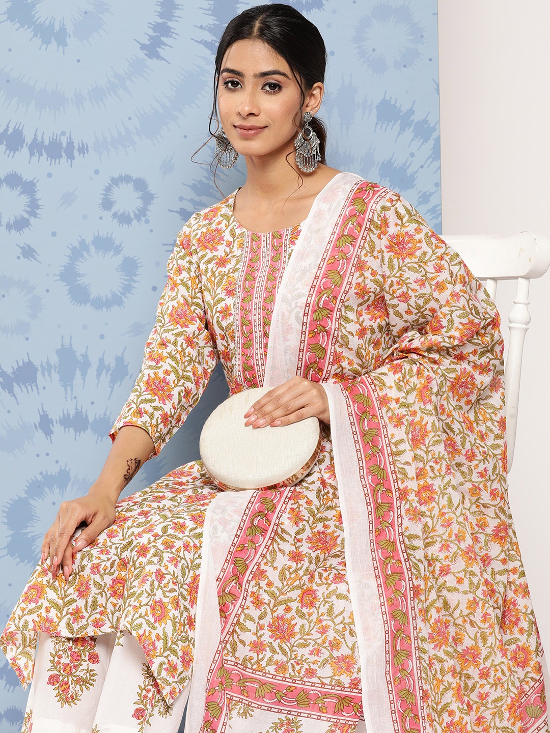 

Yufta Floral Printed Regular Pure Cotton Kurta with Trousers & With Dupatta, White