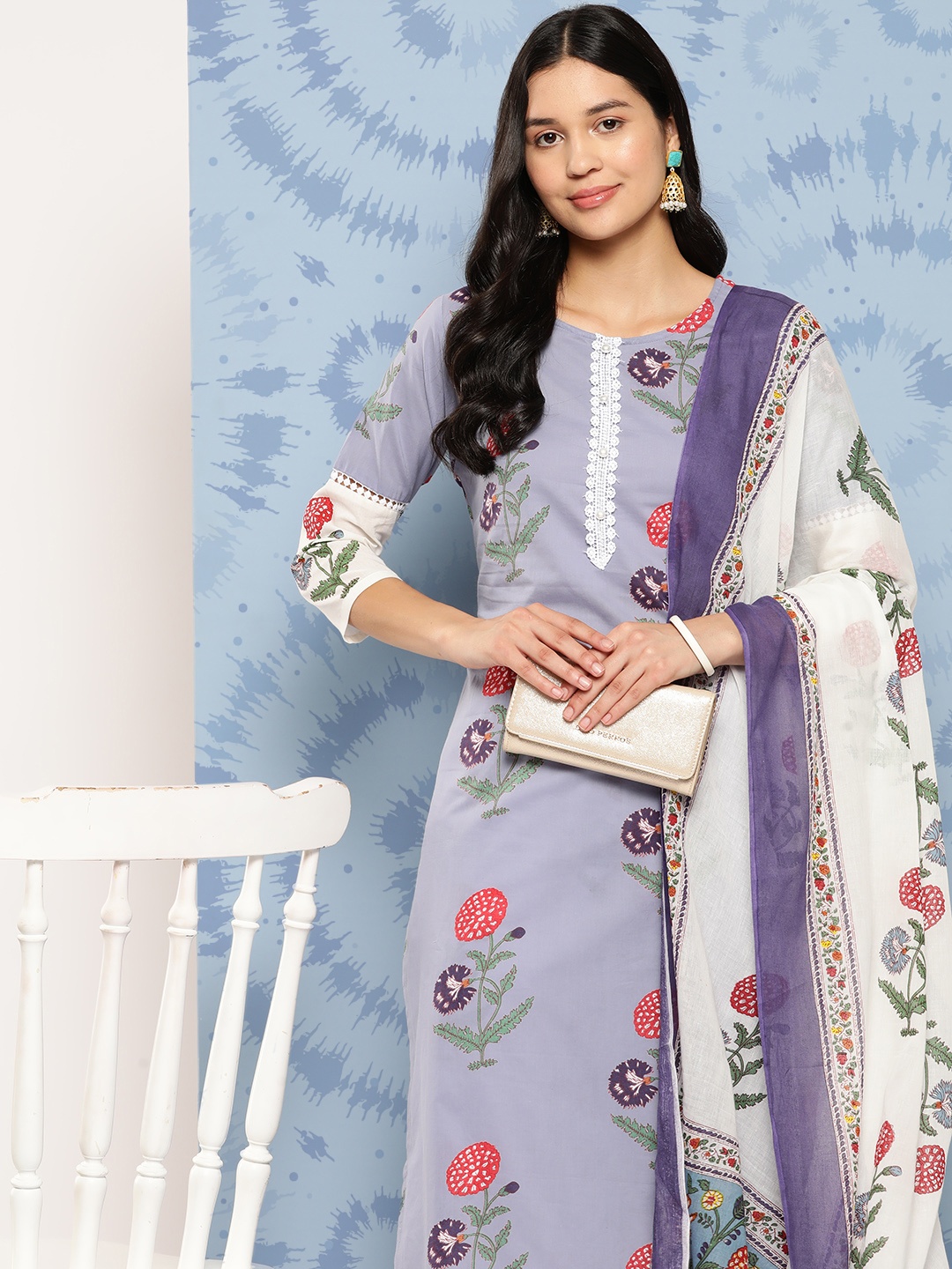 

Yufta Floral Printed Regular Pure Cotton Kurta with Trousers & With Dupatta, Grey