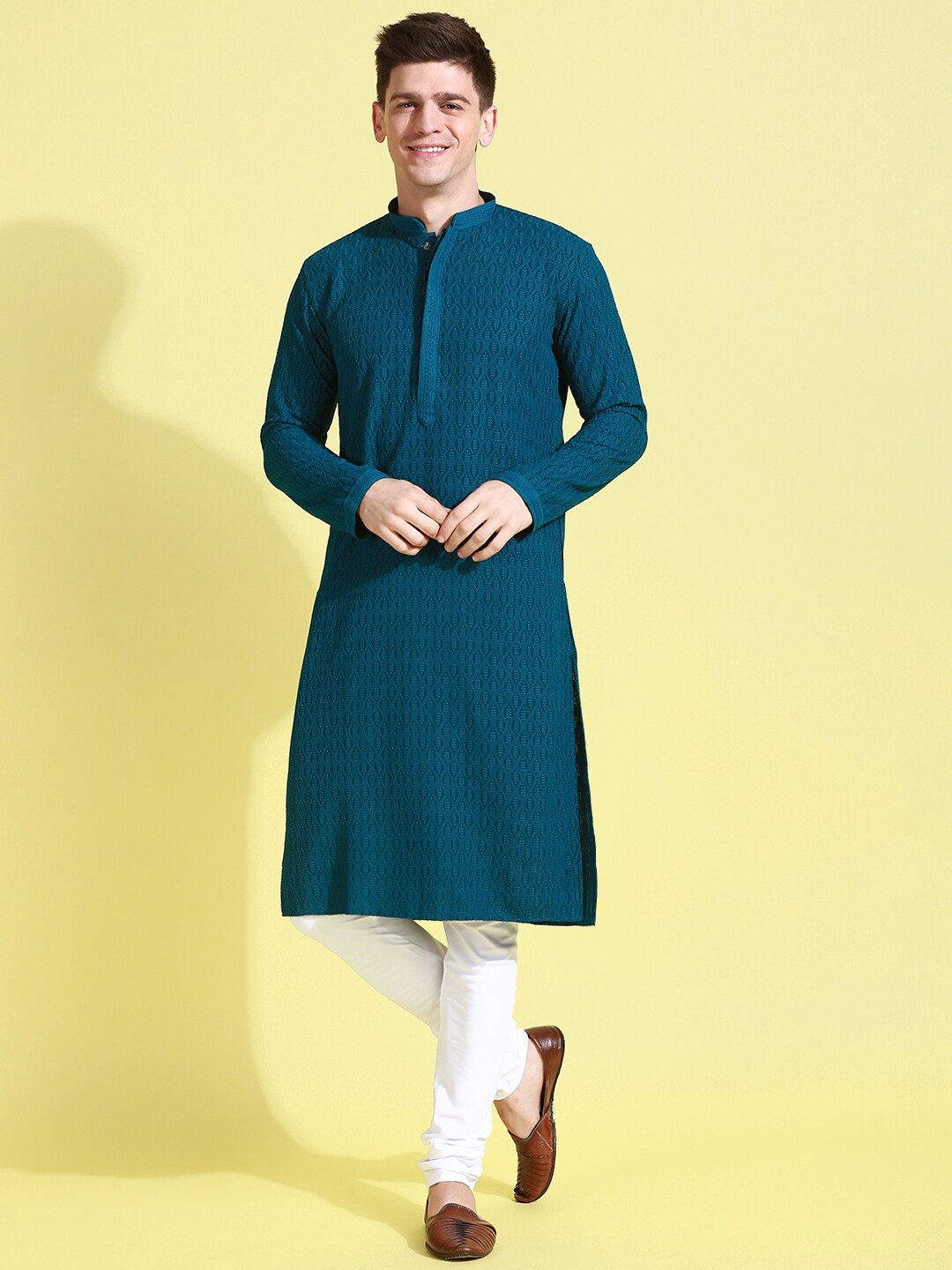 

Sanwara Embroidered Mandarin Collar Chikankari Pure Cotton Kurta With Churidar, Green