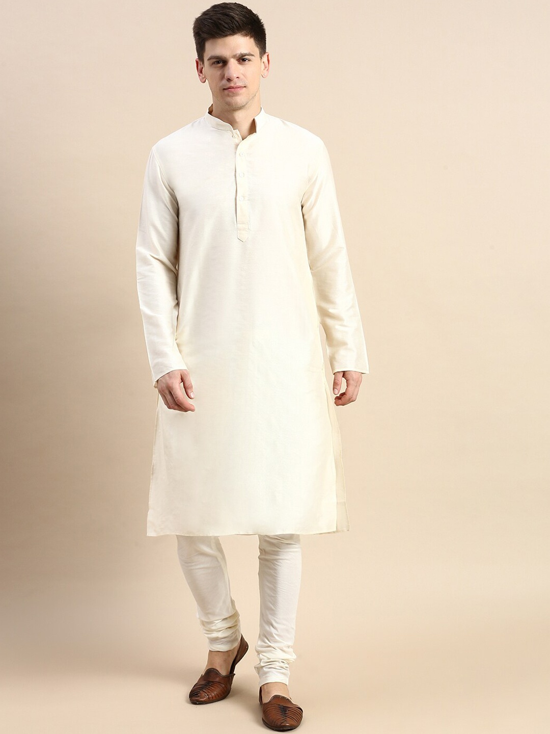 

Sanwara Mandarin Collar Pure Cotton Straight Kurta With Churidar, Cream