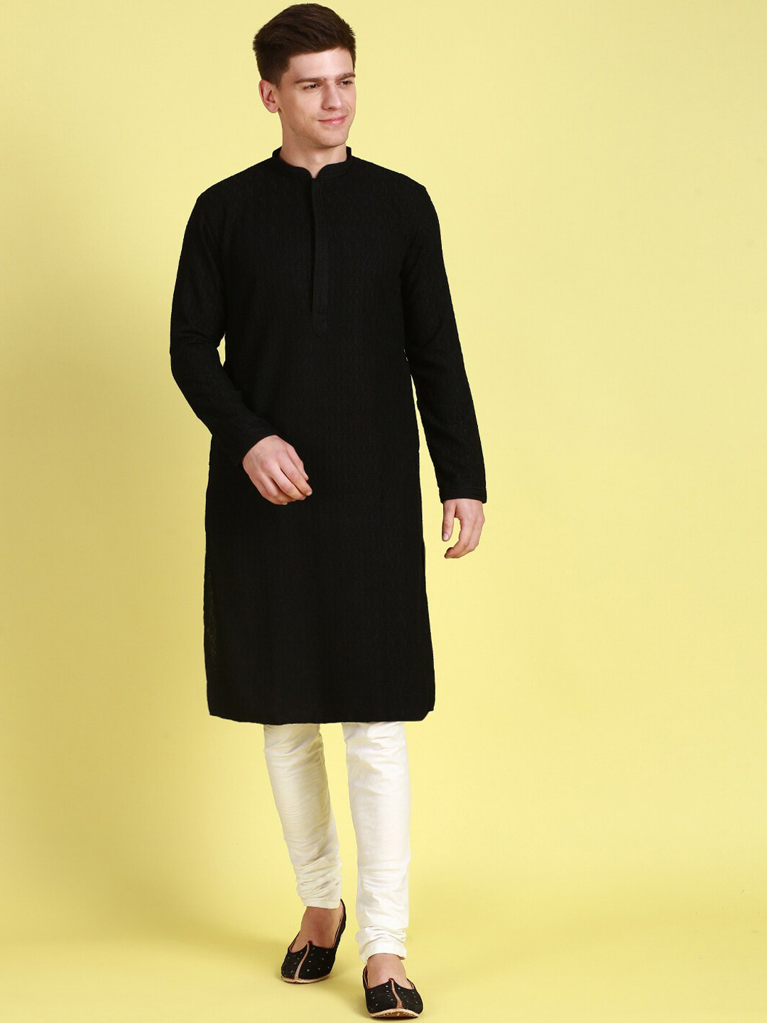 

Sanwara Embroidered Mandarin Collar Chikankari Pure Cotton Kurta With Churidar, Black