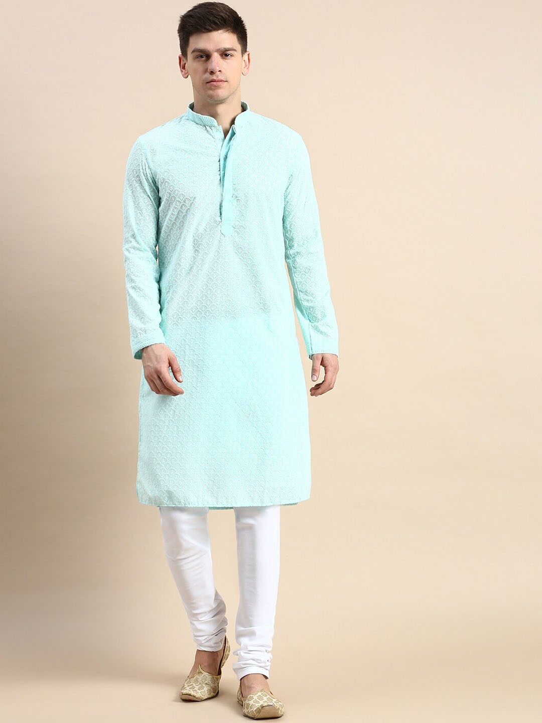 

Sanwara Embroidered Mandarin Collar Chikankari Pure Cotton Kurta With Churidar, Turquoise blue