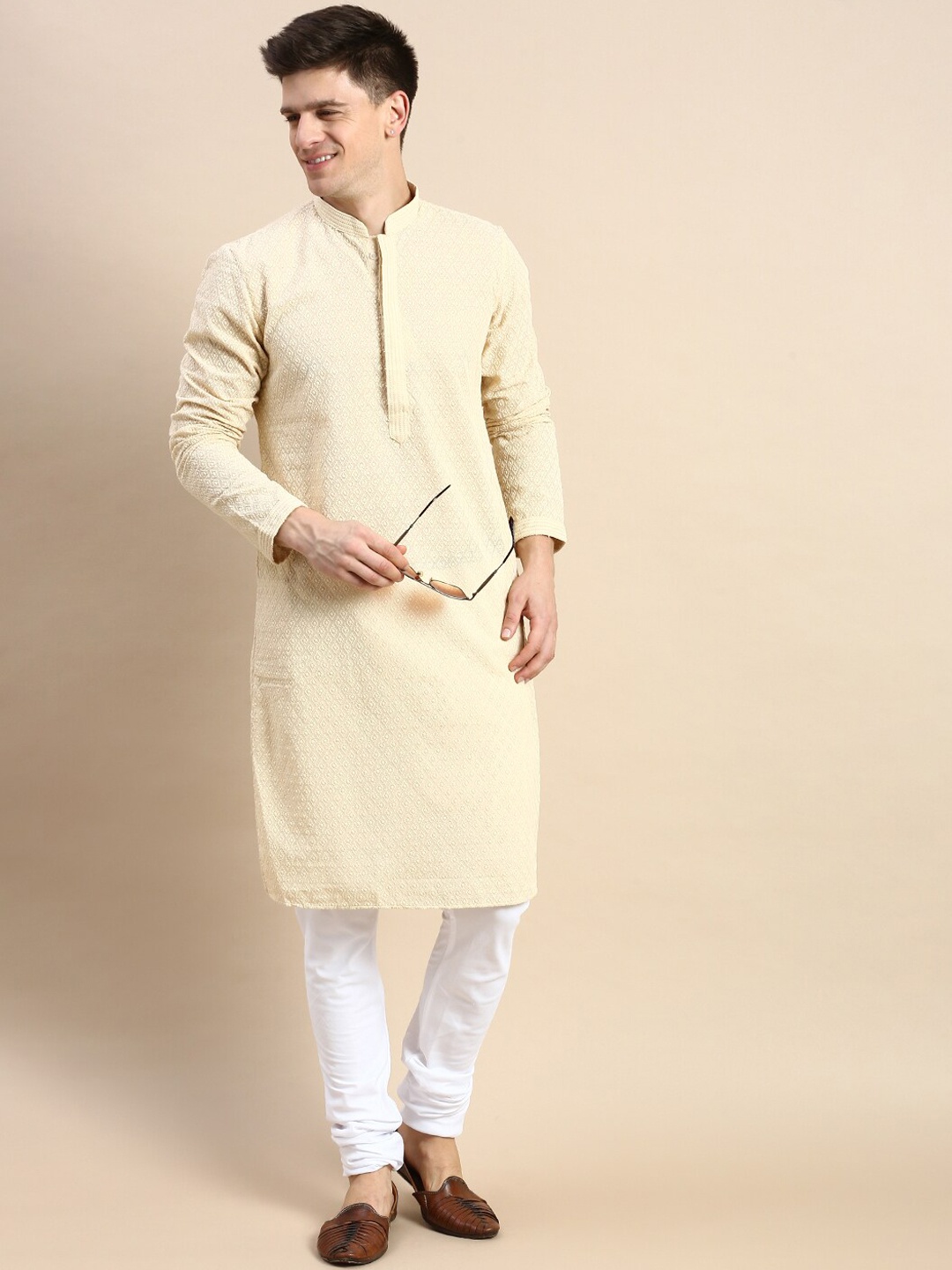 

Sanwara Embroidered Mandarin Collar Chikankari Pure Cotton Kurta With Churidar, Beige