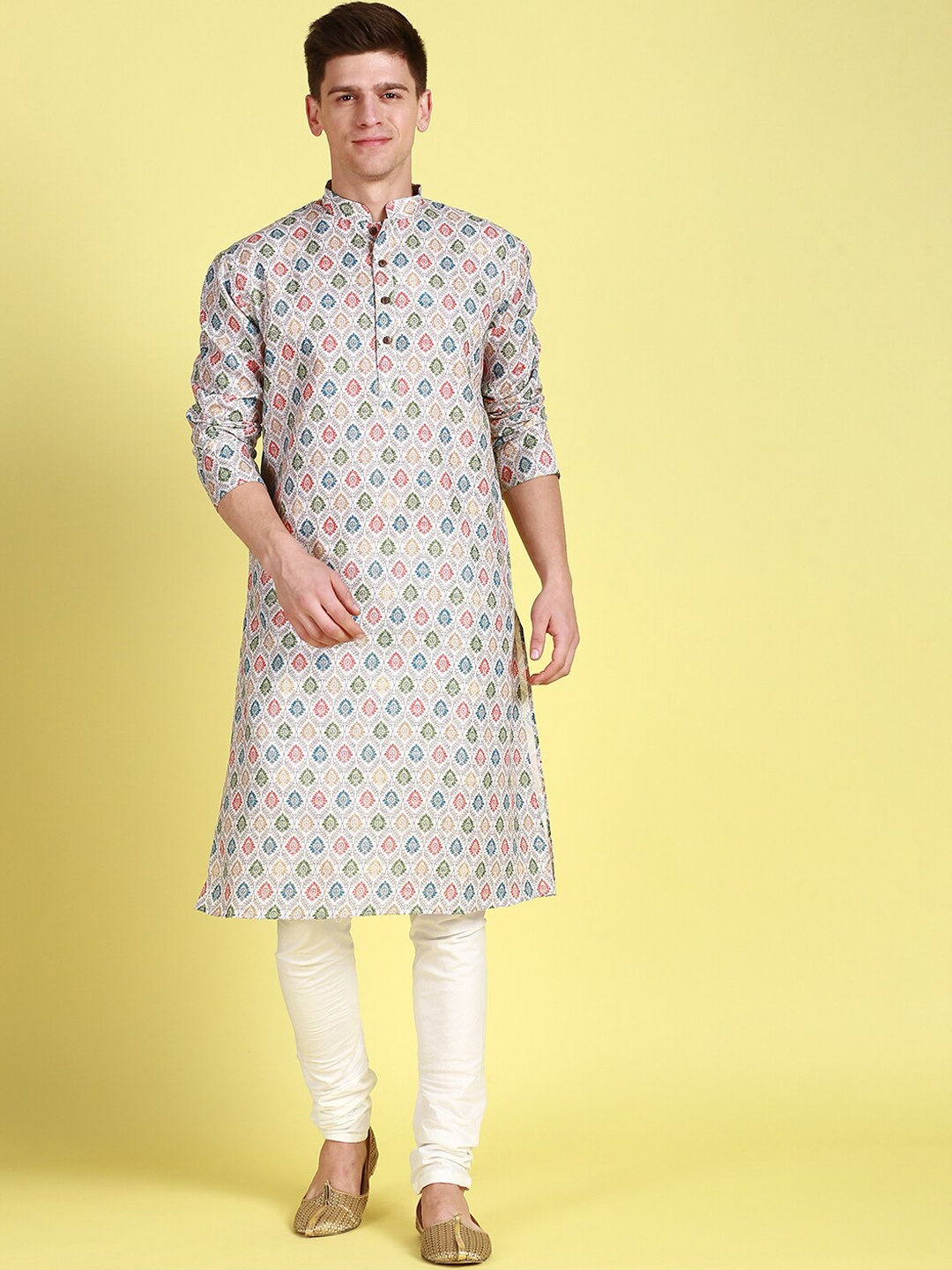 

Sanwara Ethnic Motif Woven Design Mandarin Collar Pure Cotton Kurta With Churidar, White