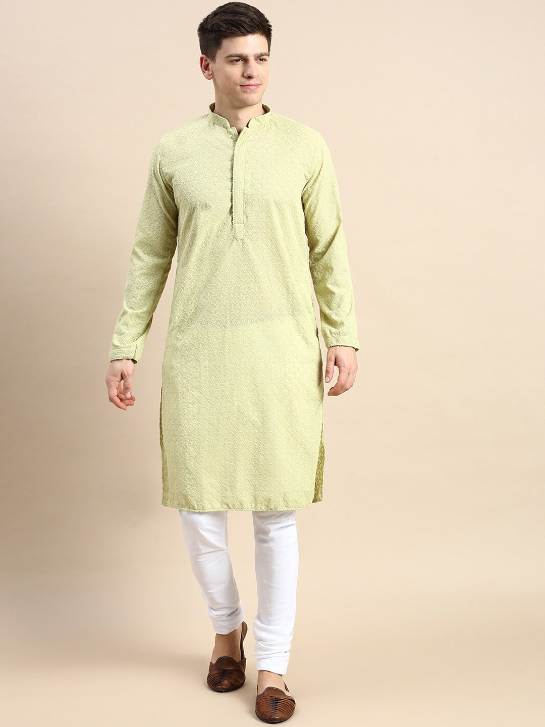 

Sanwara Embroidered Mandarin Collar Chikankari Pure Cotton Kurta With Churidar, Olive