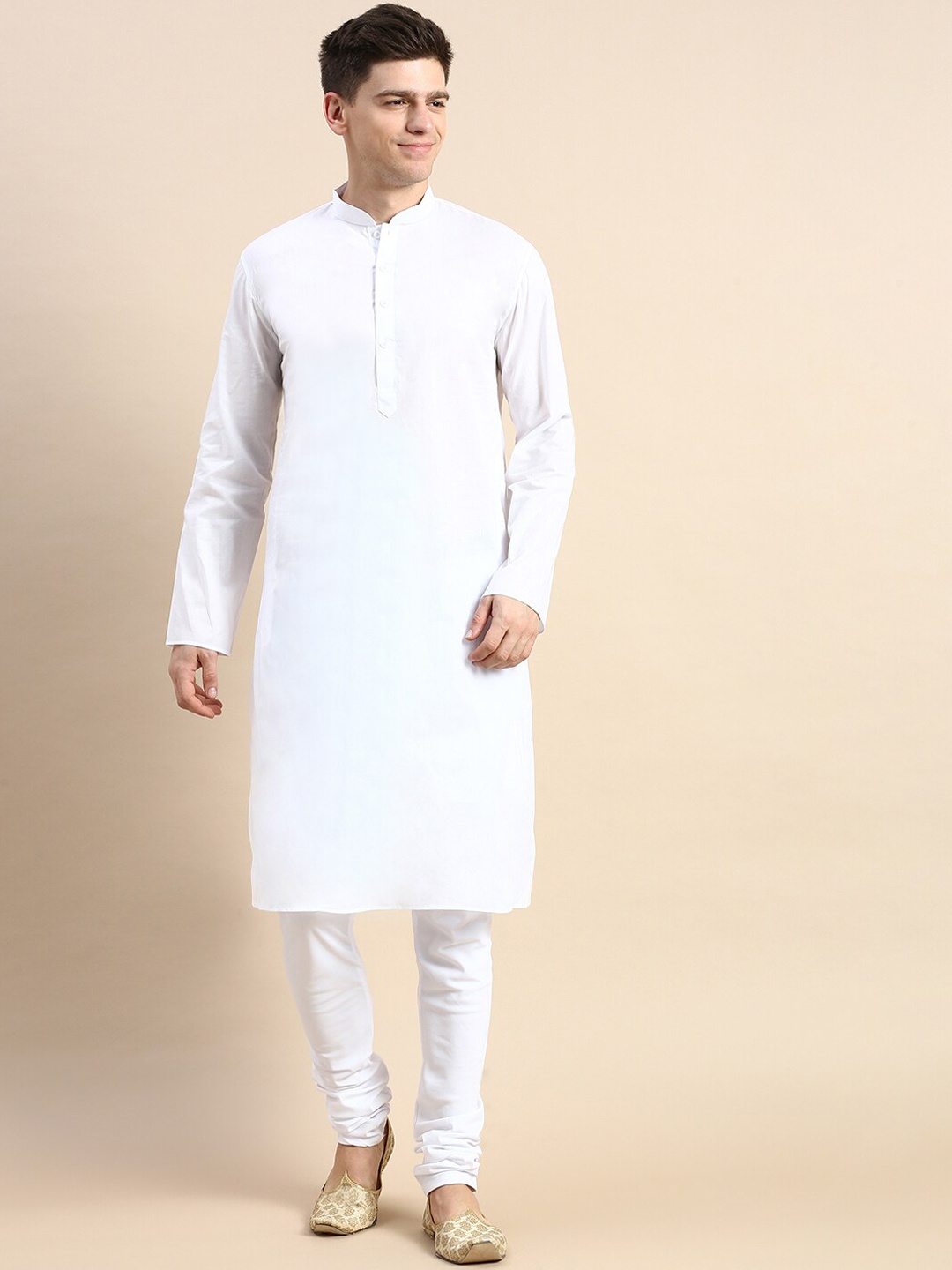 

Sanwara Mandarin Collar Pure Cotton Kurta With Churidar, White