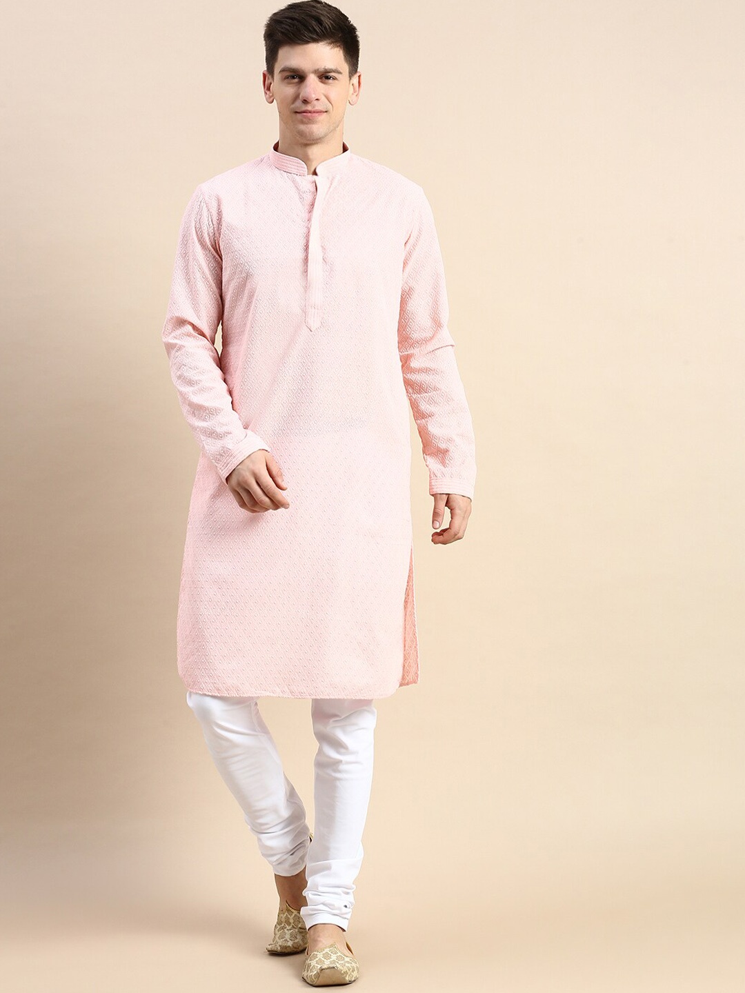 

Sanwara Ethnic Motifs Embroidered Chikankari Pure Cotton Kurta with Churidar, Pink