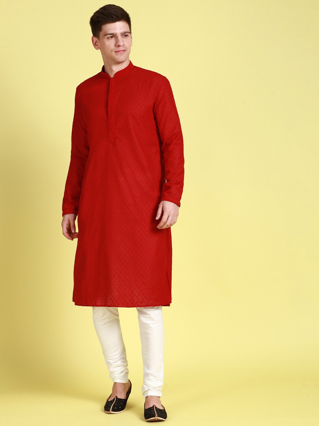 

Sanwara Ethnic Motifs Embroidered Chikankari Pure Cotton Kurta with Churidar, Red