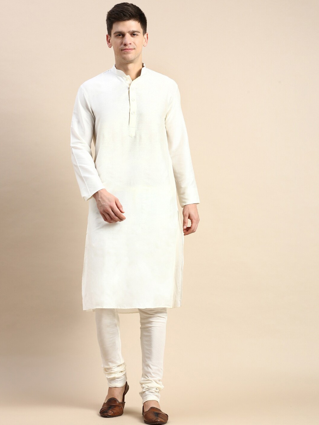 

Sanwara Mandarin Collar Straight Pure Cotton Kurta with Churidar, Off white