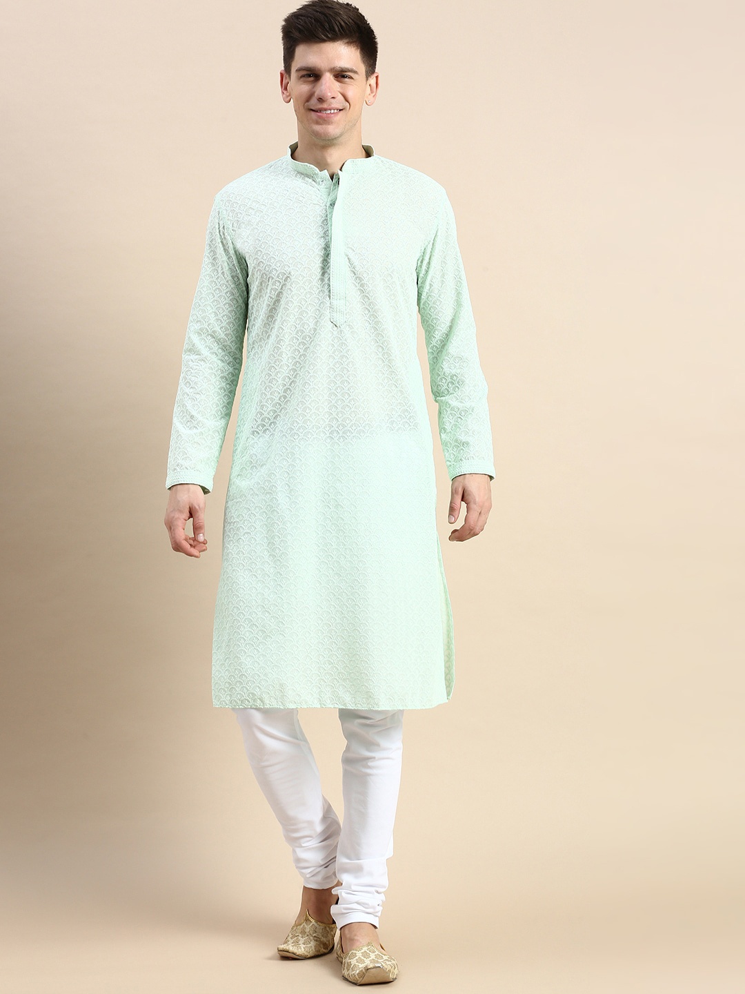 

Sanwara Ethnic Motifs Embroidered Chikankari Pure Cotton Kurta with Churidar, Sea green