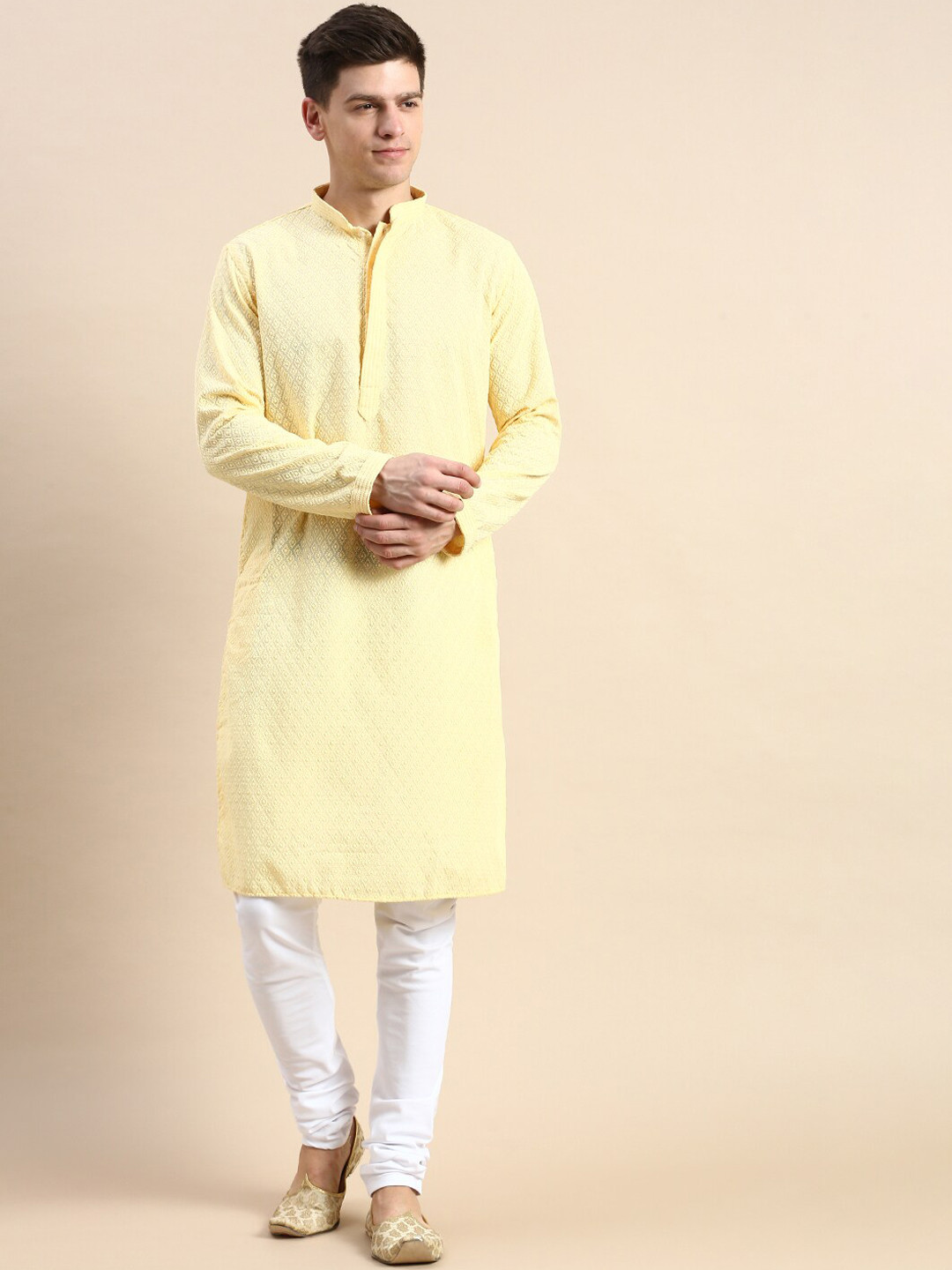 

Sanwara Ethnic Motifs Embroidered Chikankari Pure Cotton Kurta with Churidar, Yellow